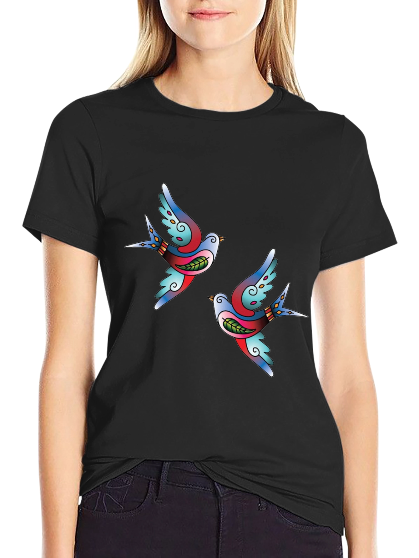 Classic Tattoo Swallow Bird Graphic Tee - Soft Black