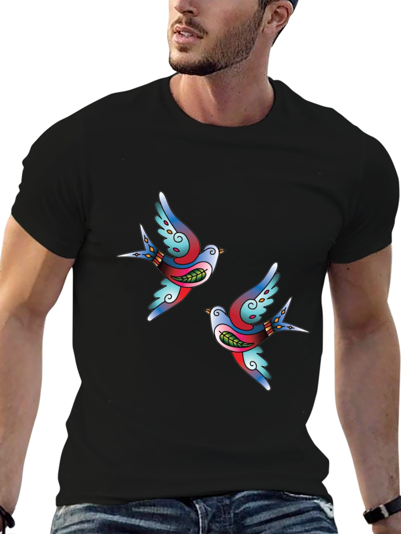 Classic Tattoo Swallow Bird Graphic Tee - Soft Black