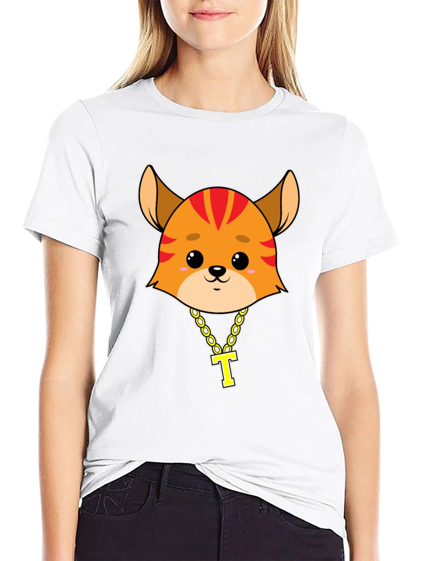 Cute Cartoon Animal Tee with Gold Chain