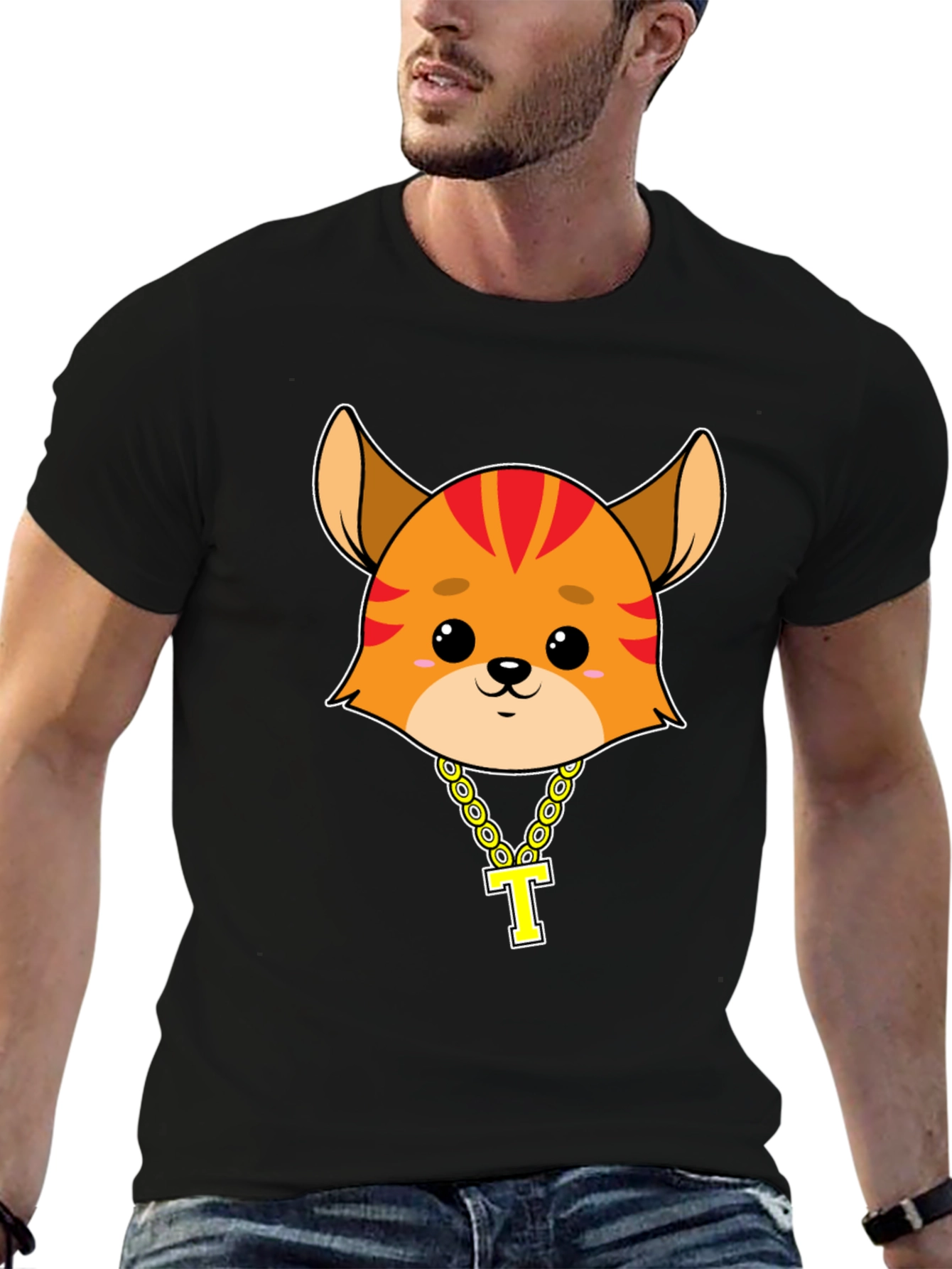 Cute Cartoon Animal Tee with Gold Chain
