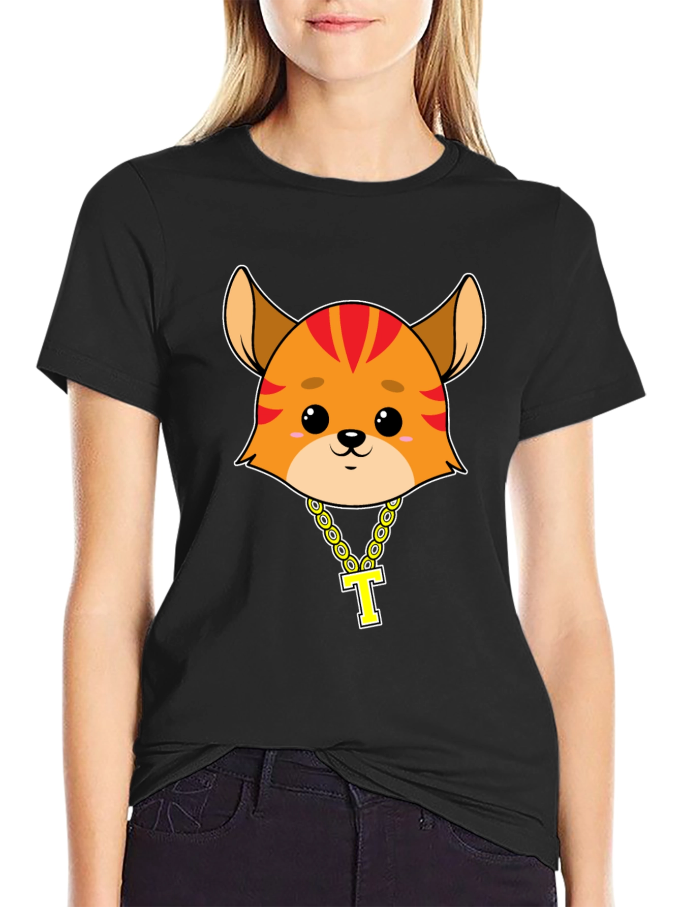 Cute Cartoon Animal Tee with Gold Chain