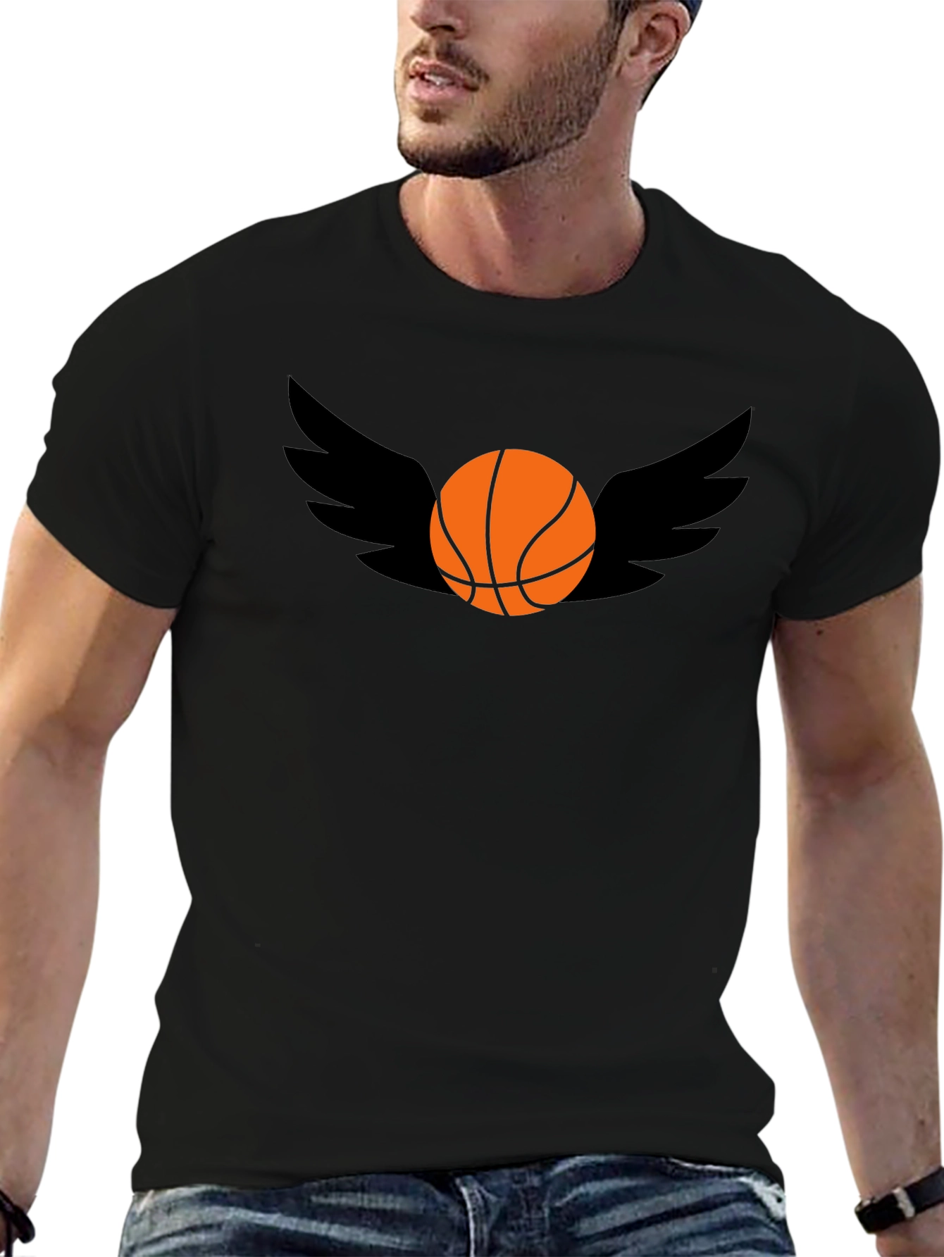 Basketball Wings Graphic Tee - Black Cotton T-Shirt