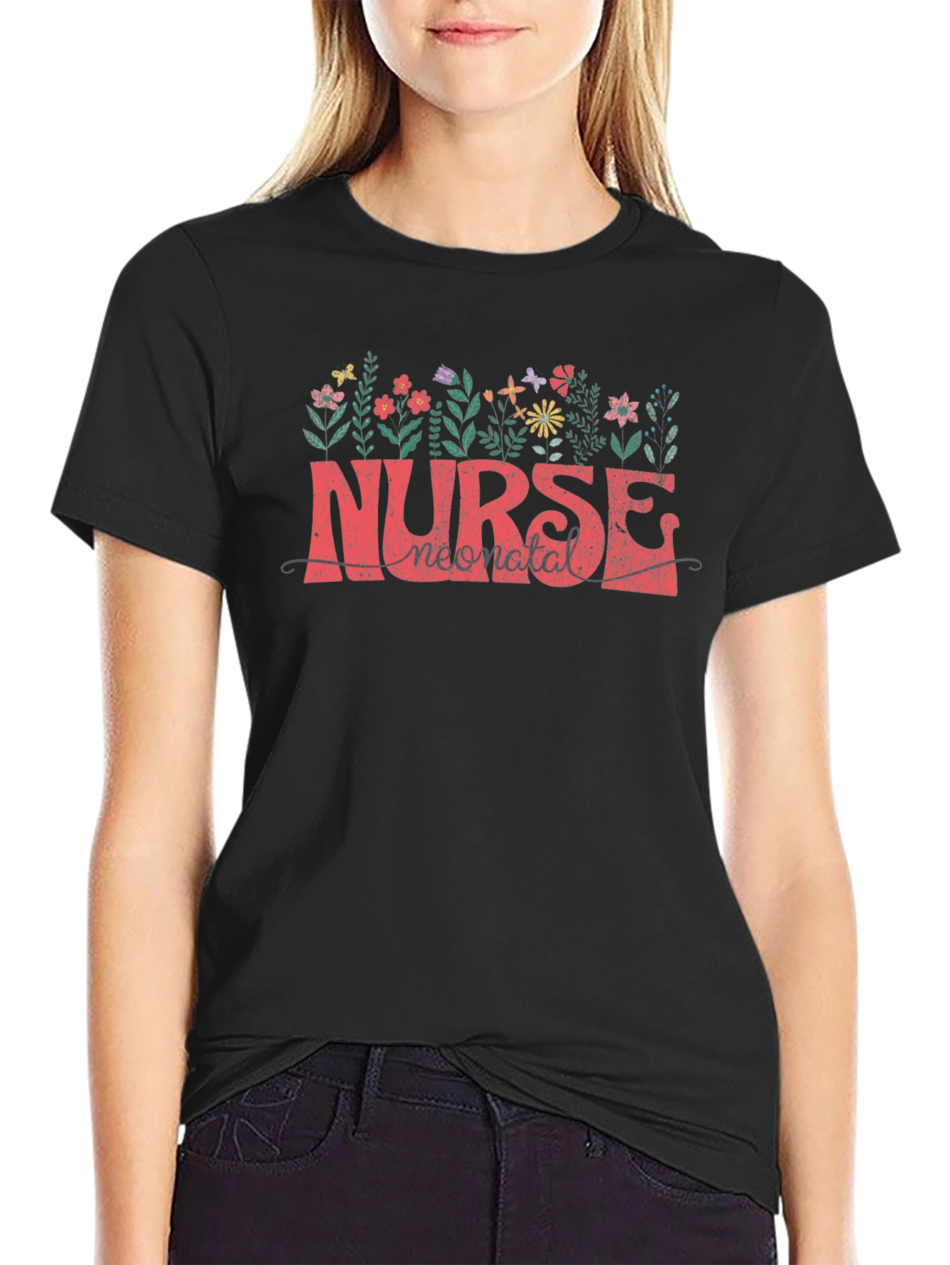 Neonatal Nurse Floral Tee - Black