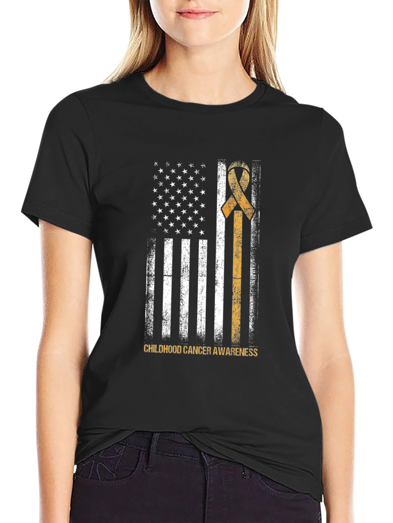 Childhood Cancer Awareness USA Flag Ribbon T-Shirt