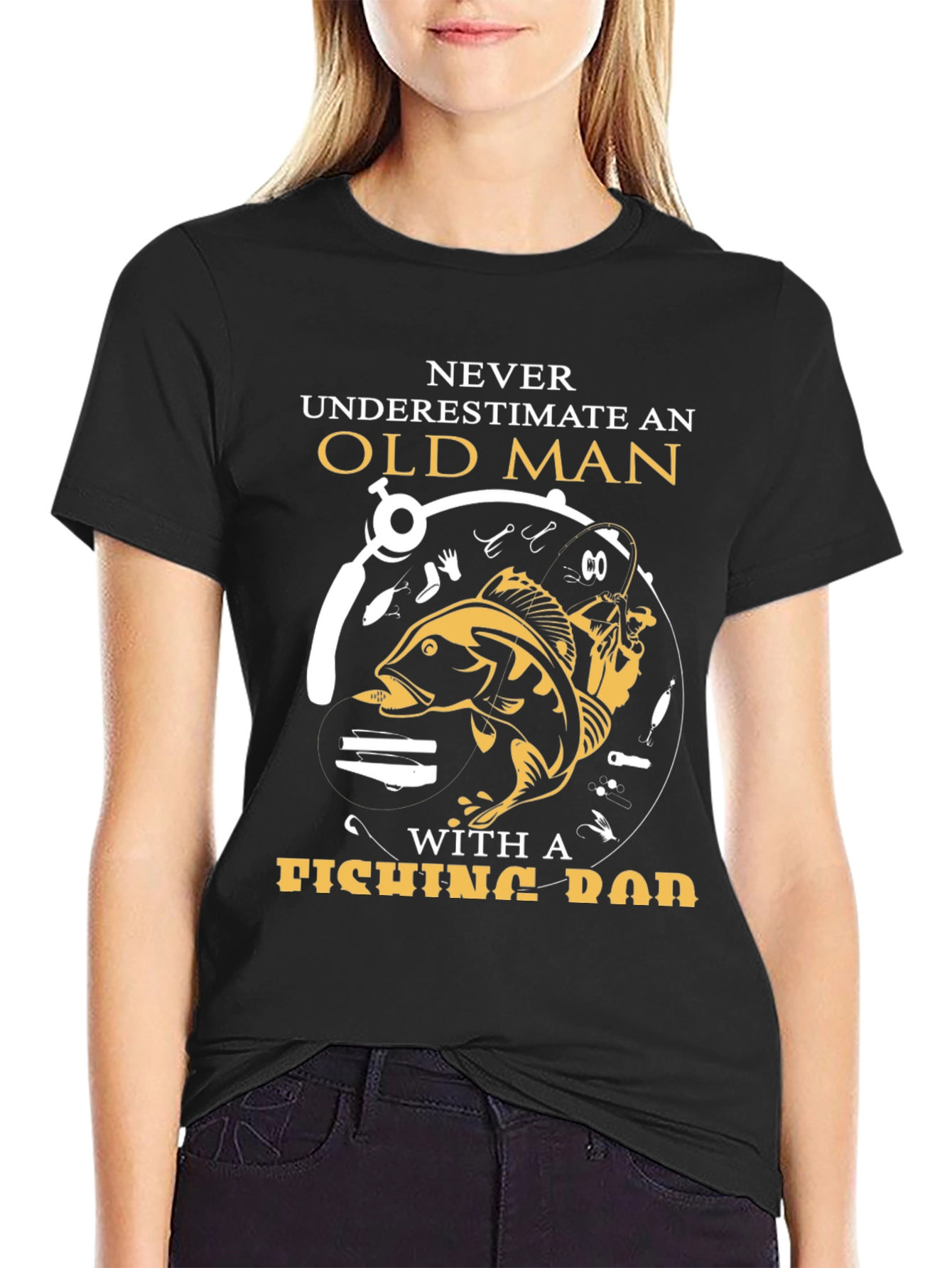 Old Man Fishing Rod Graphic Tee - Black