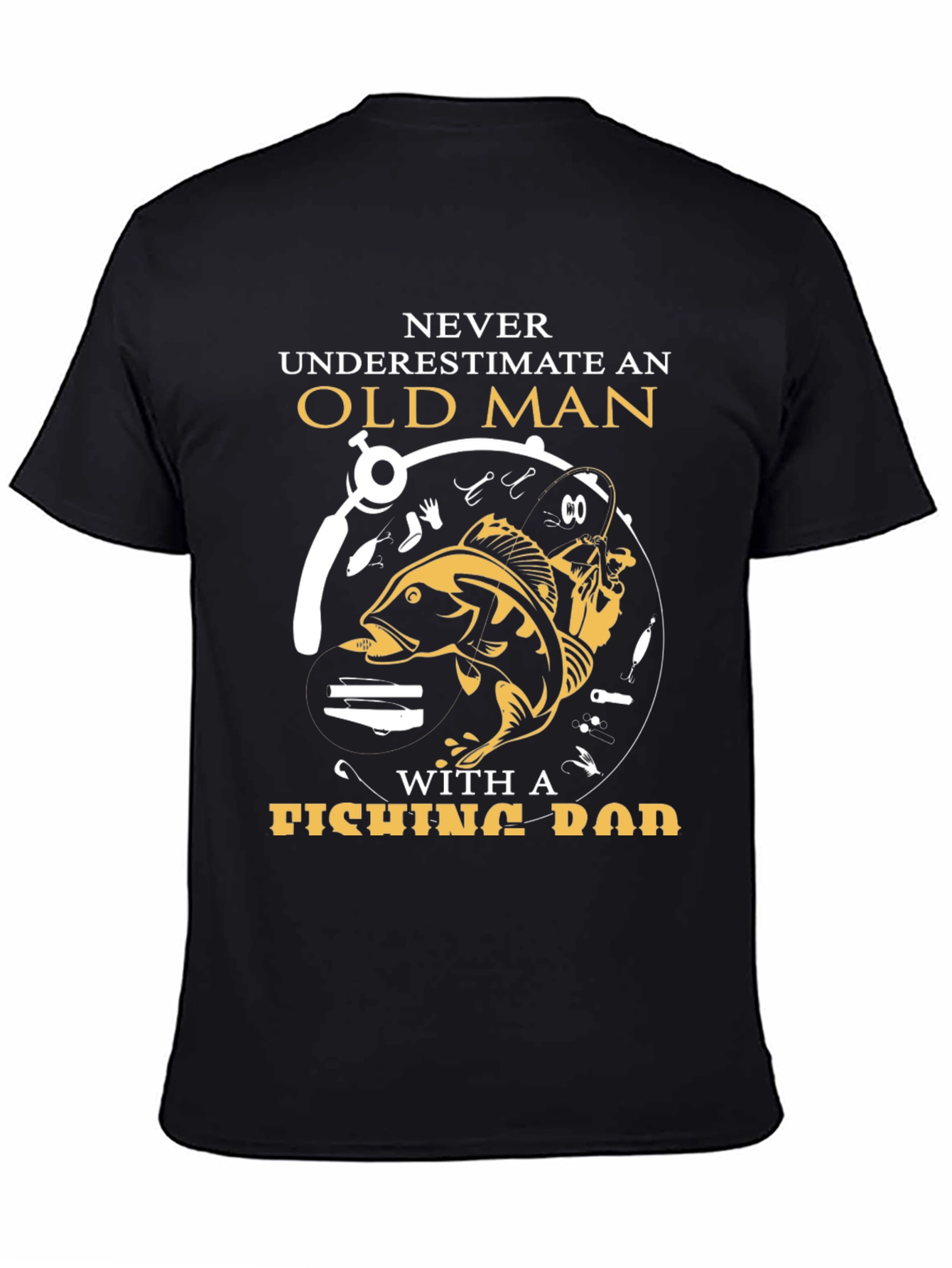Old Man Fishing Rod Graphic Tee - Black