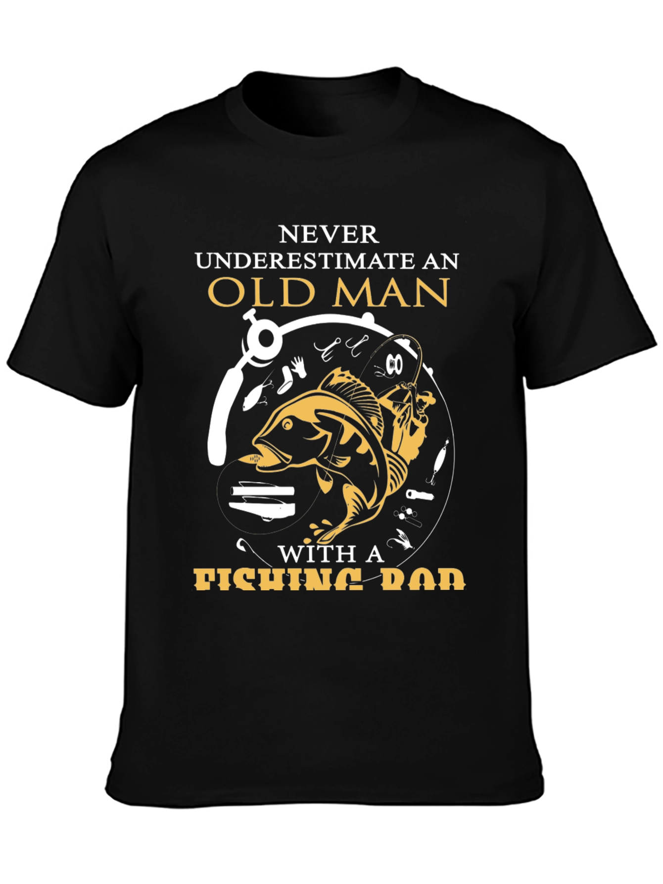 Old Man Fishing Rod Graphic Tee - Black
