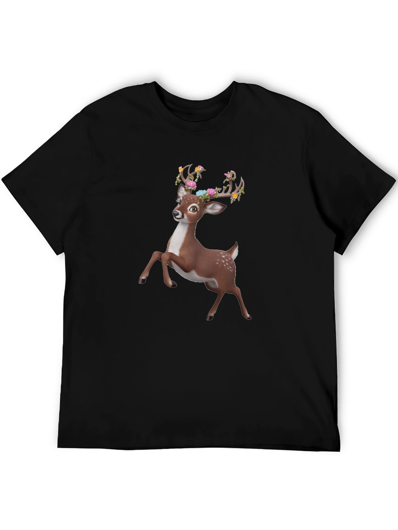 Floral Deer Graphic Tee - Black Unisex T-Shirt