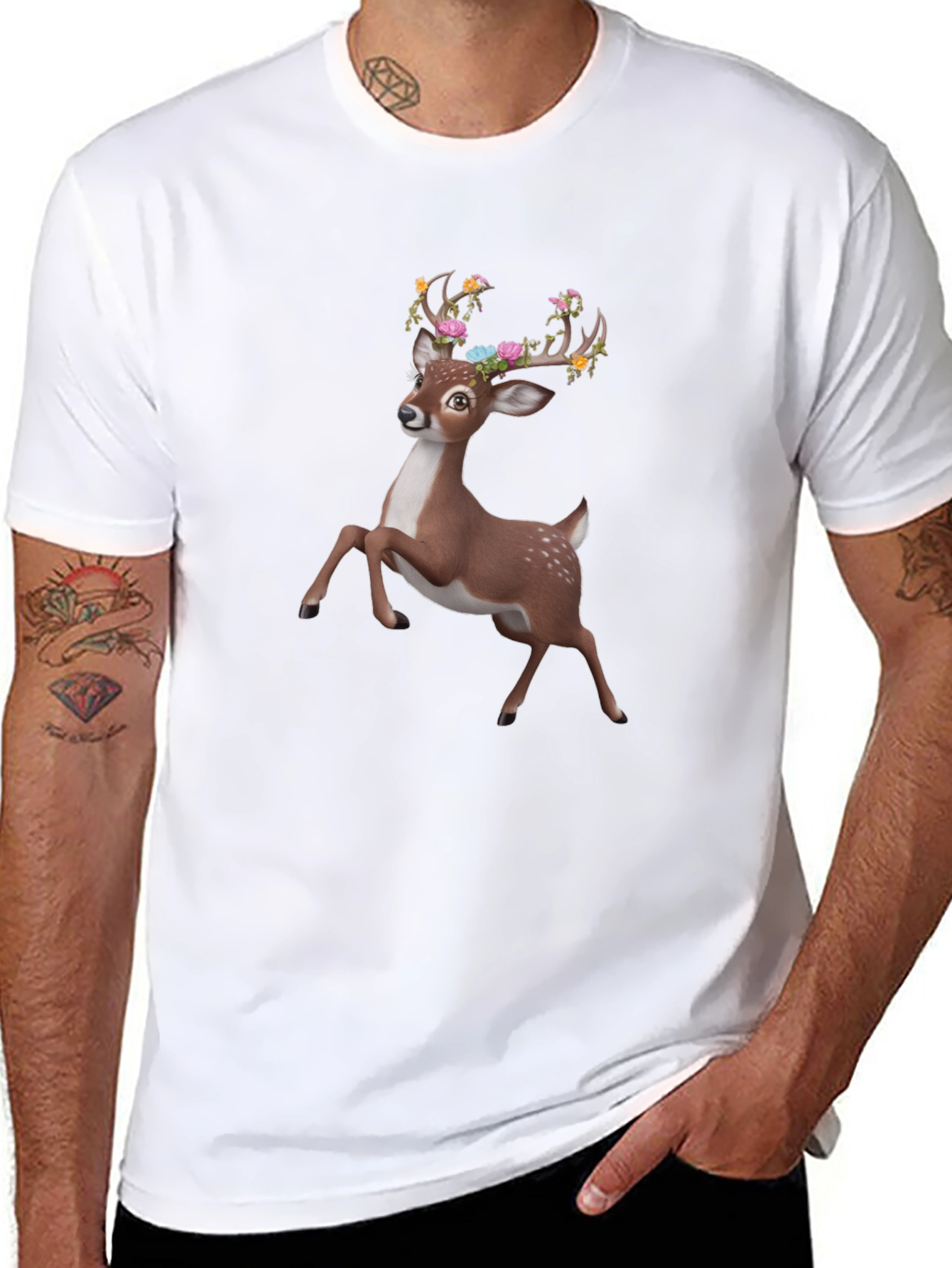 Floral Deer Graphic Tee - Black Unisex T-Shirt