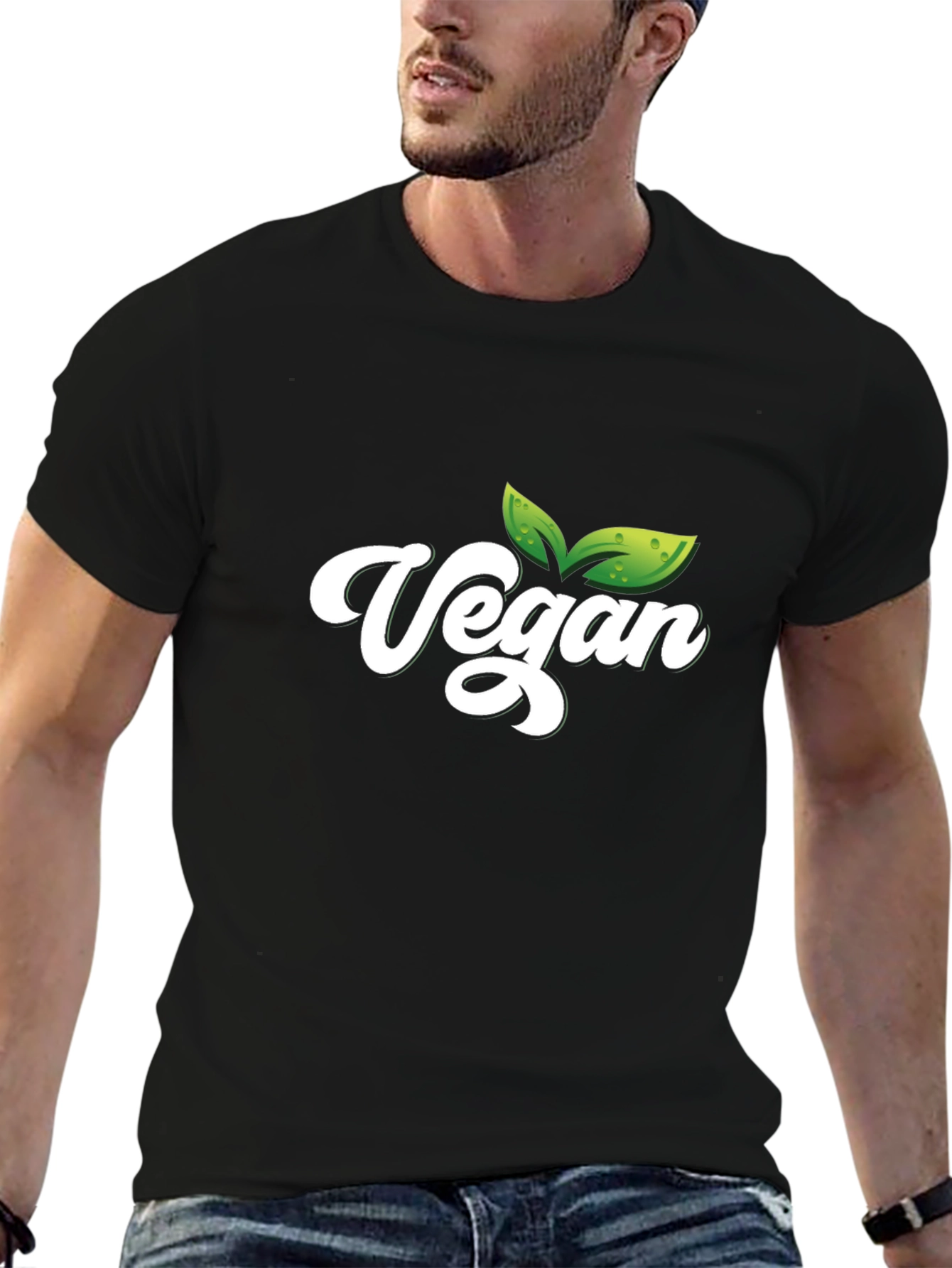 Vegan T-Shirt - Black Cotton Tee with Leaf Graphic