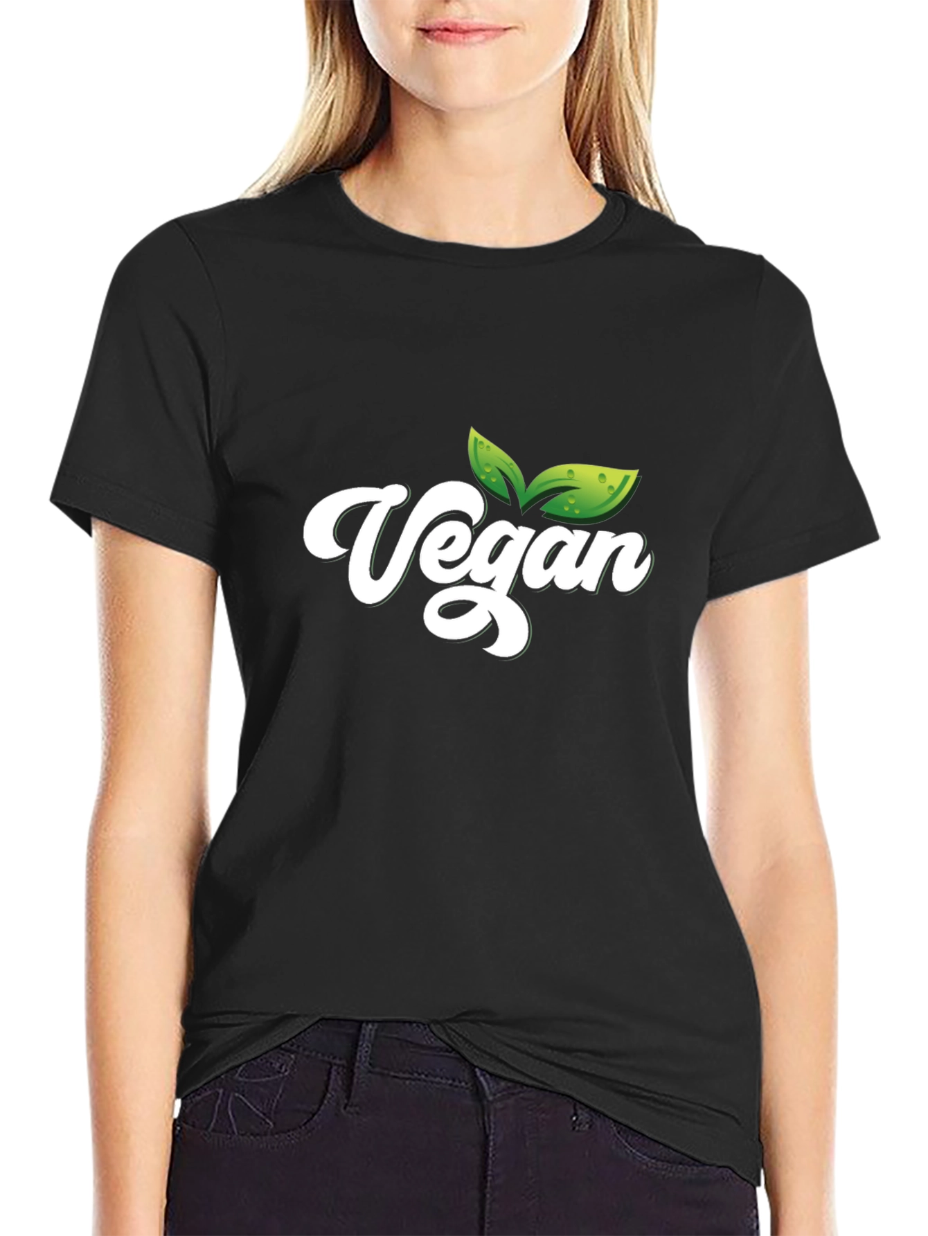 Vegan T-Shirt - Black Cotton Tee with Leaf Graphic