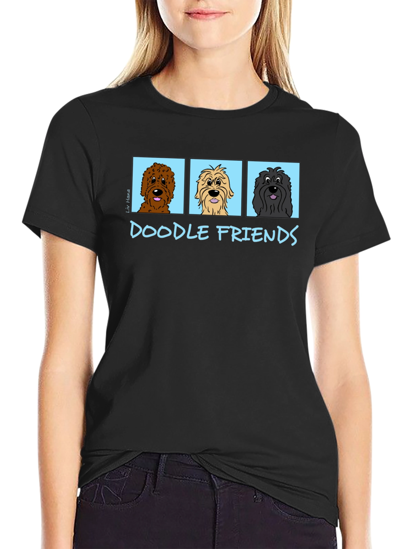 Doodle Friends Black T-Shirt Cartoon Dogs
