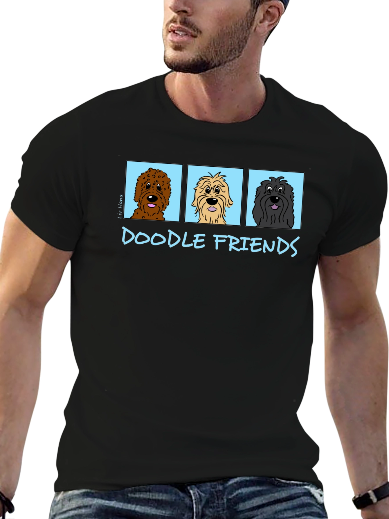 Doodle Friends Black T-Shirt Cartoon Dogs