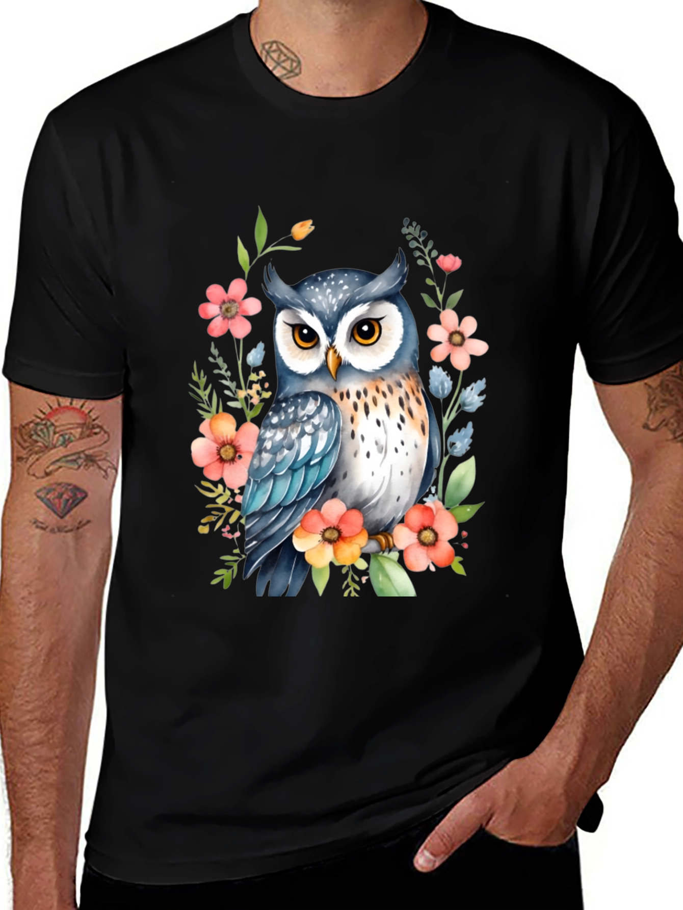 Owl & Floral Print Black T-Shirt