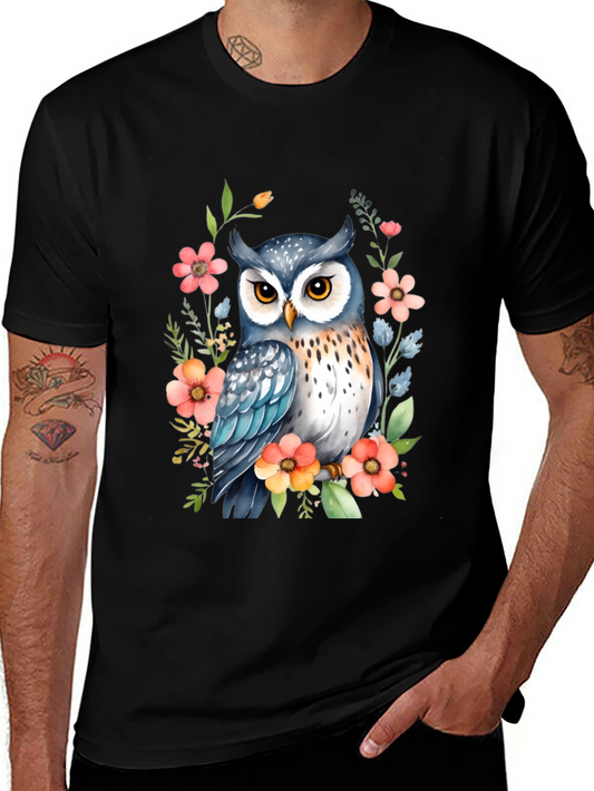 Owl & Floral Print Black T-Shirt