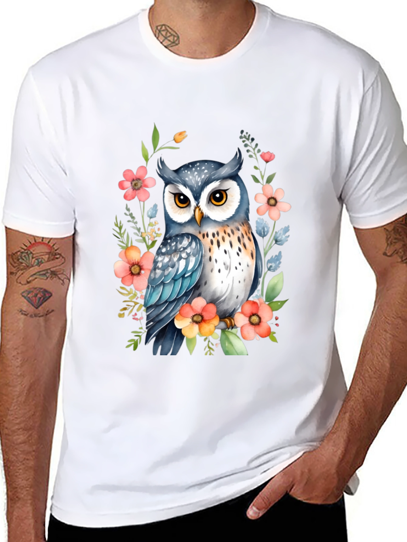 Owl & Floral Print Black T-Shirt