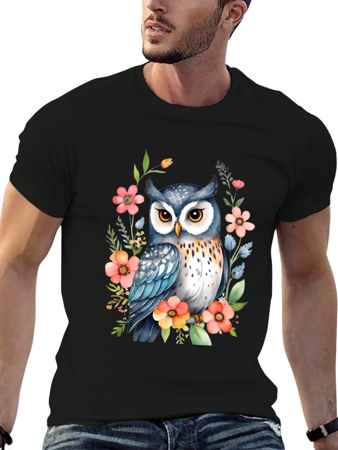 Owl & Floral Print Black T-Shirt
