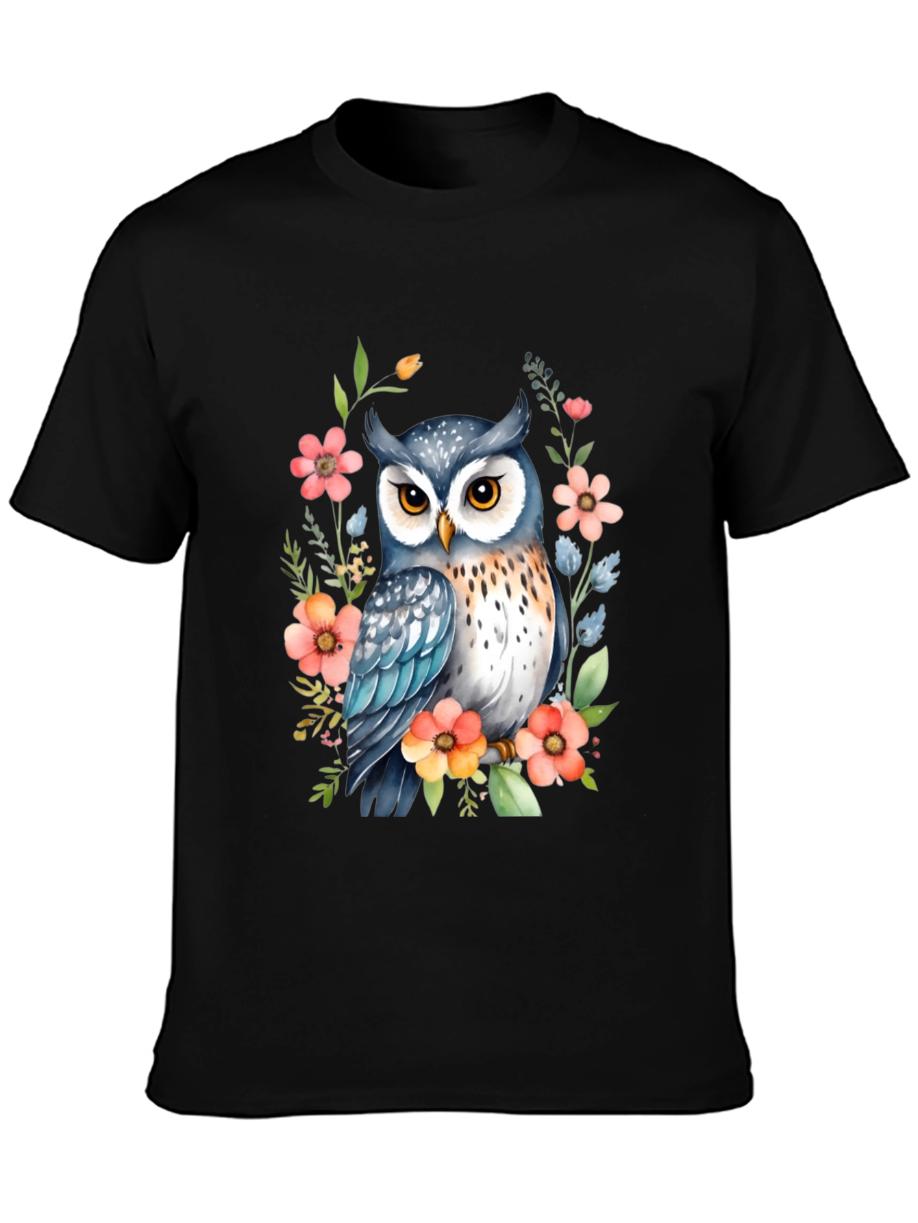 Owl & Floral Print Black T-Shirt