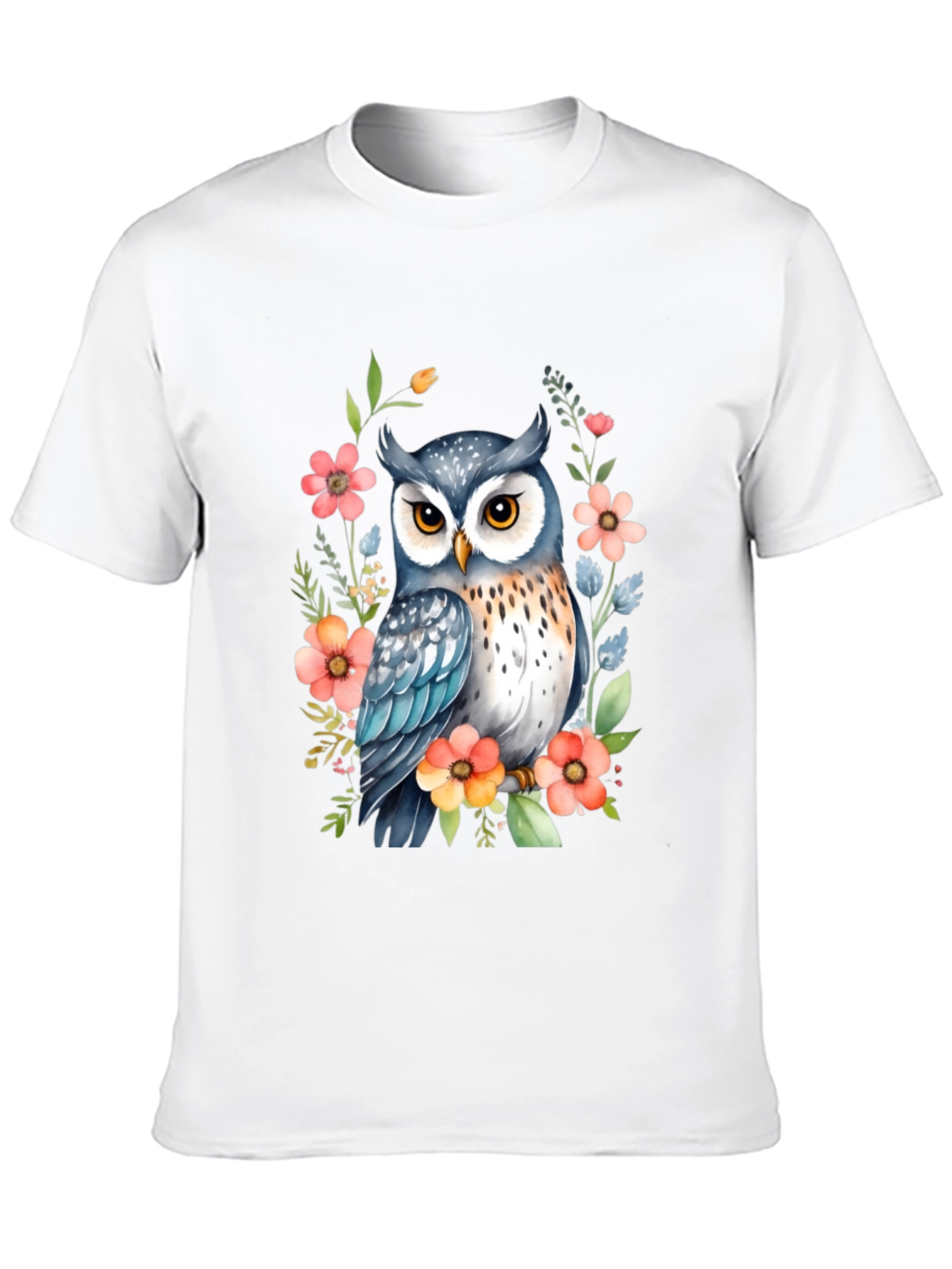 Owl & Floral Print Black T-Shirt