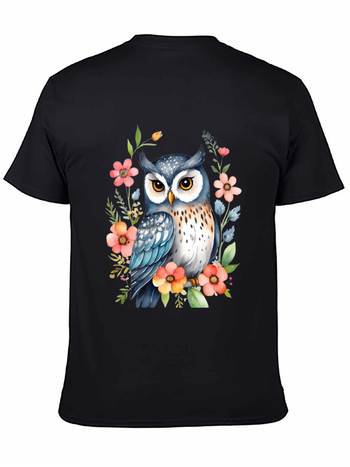Owl & Floral Print Black T-Shirt