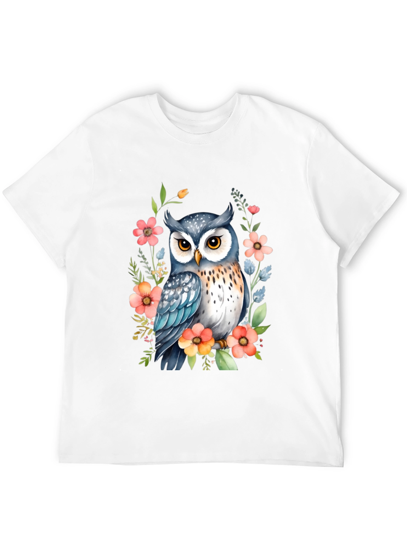 Owl & Floral Print Black T-Shirt