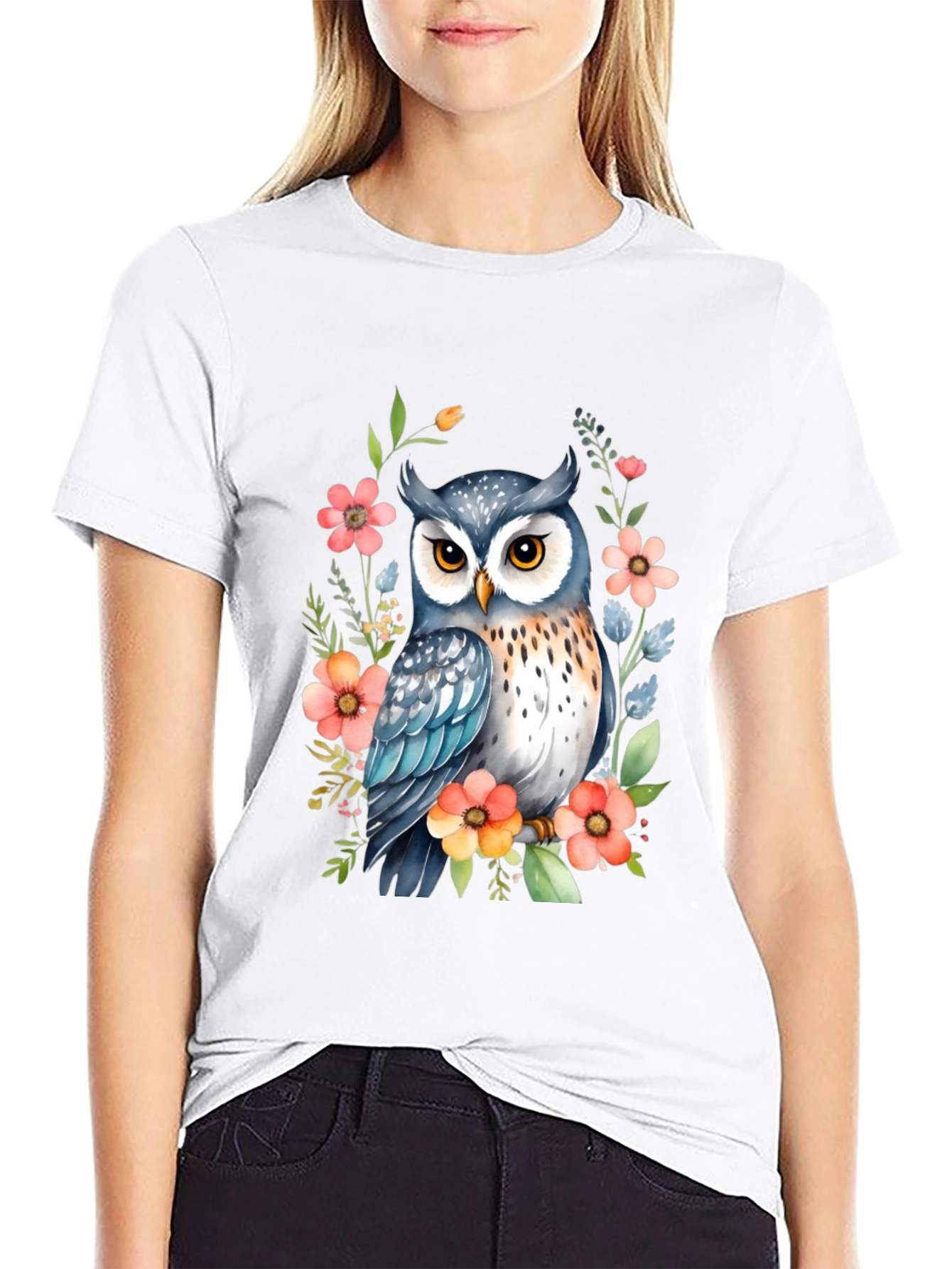 Owl & Floral Print Black T-Shirt