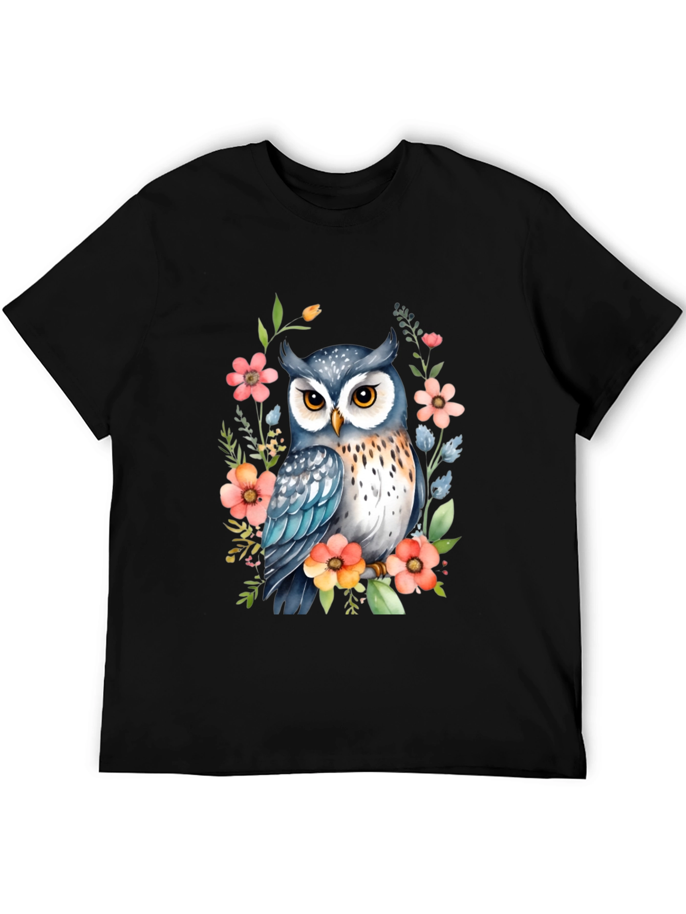 Owl & Floral Print Black T-Shirt
