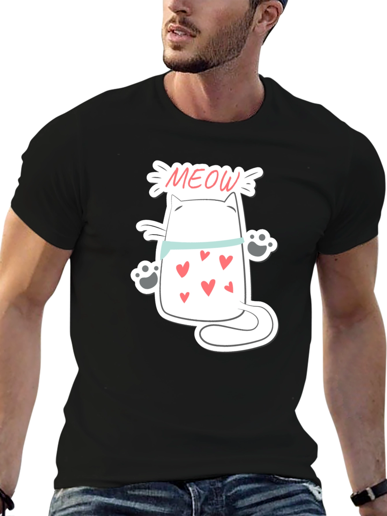 Cute Meow Cat T-Shirt - Black