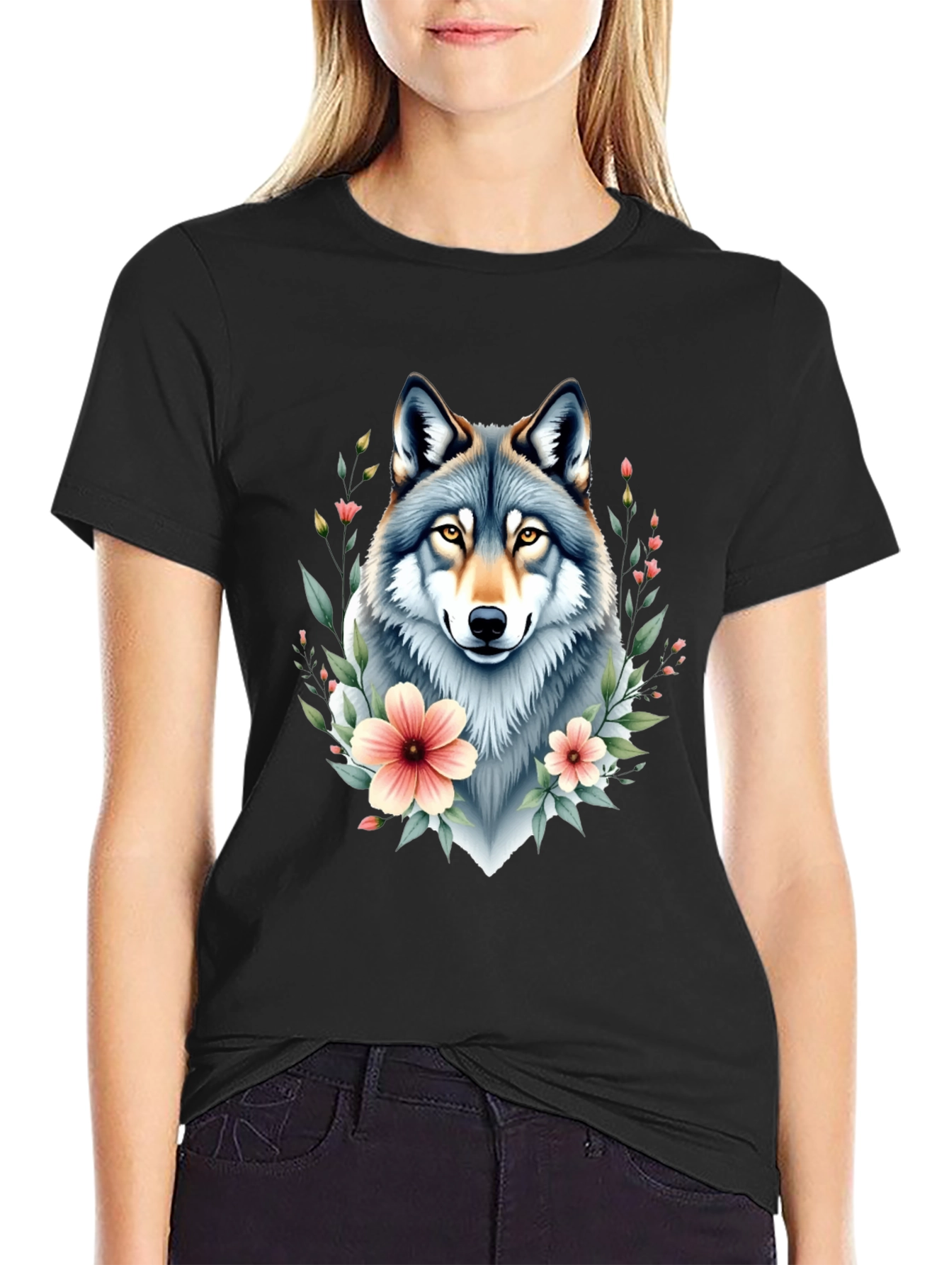 Wolf Floral T-Shirt - Black Graphic Tee