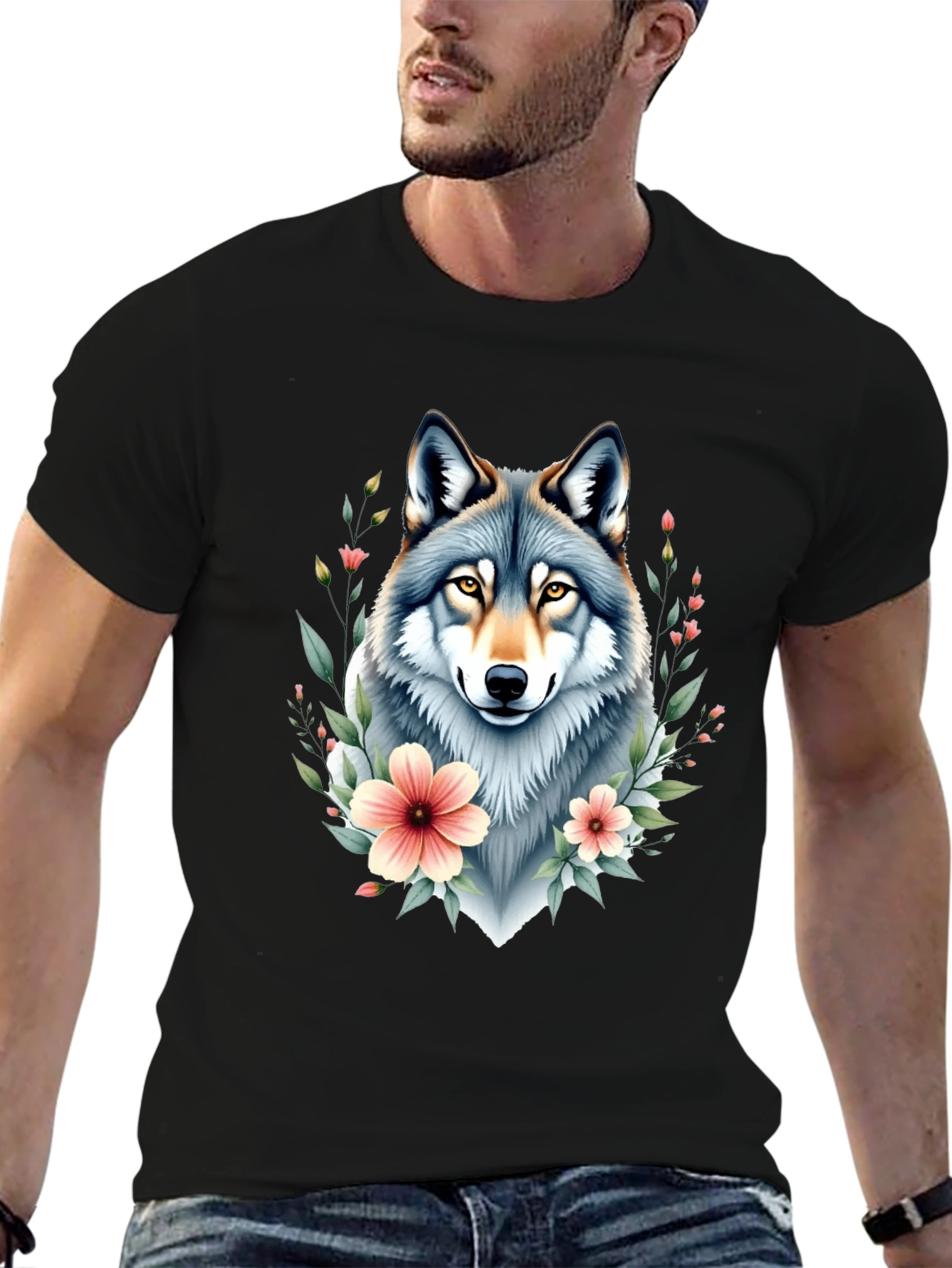 Wolf Floral T-Shirt - Black Graphic Tee