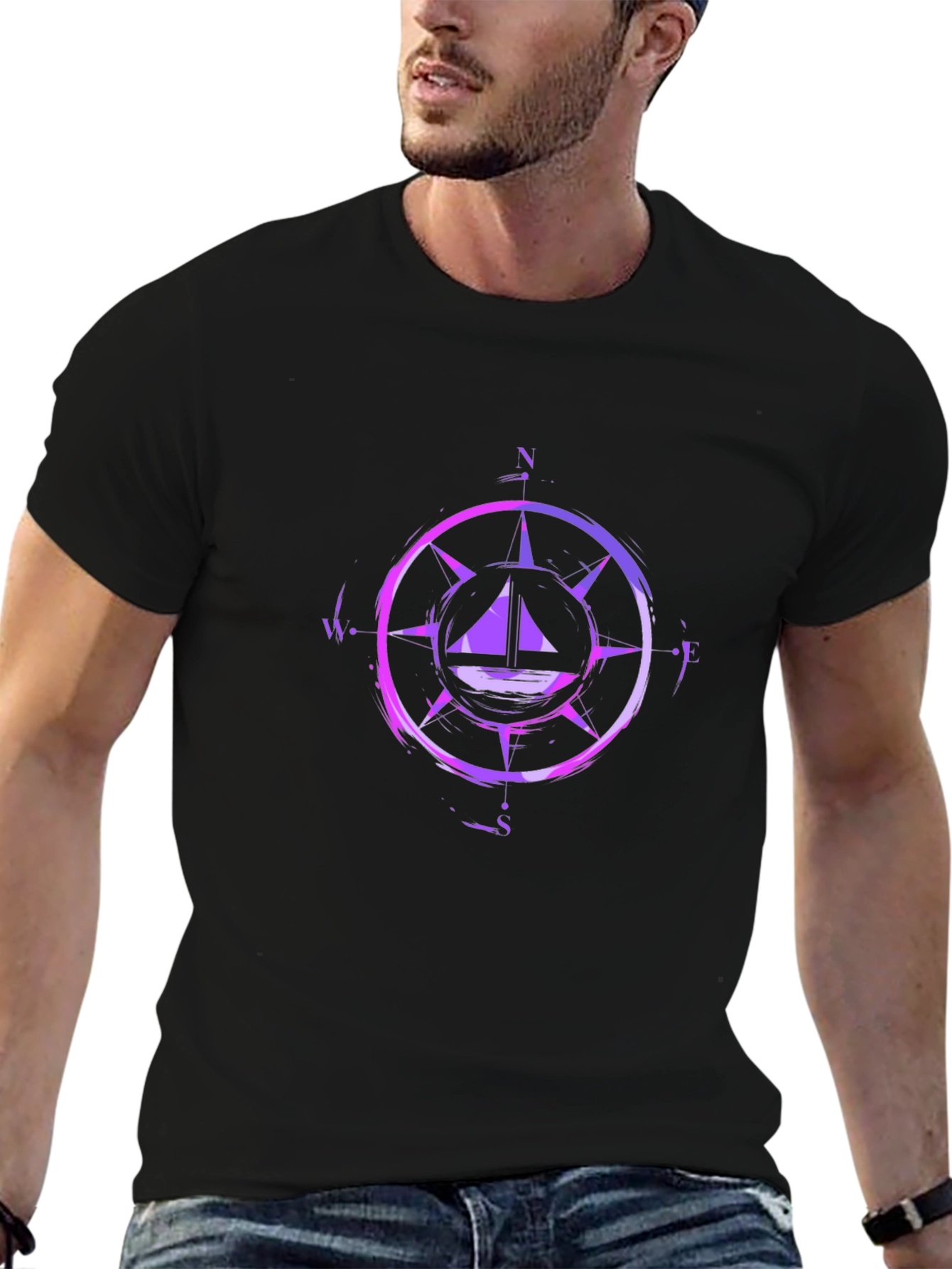 Nautical Compass Graphic Tee - Black Cotton Blend