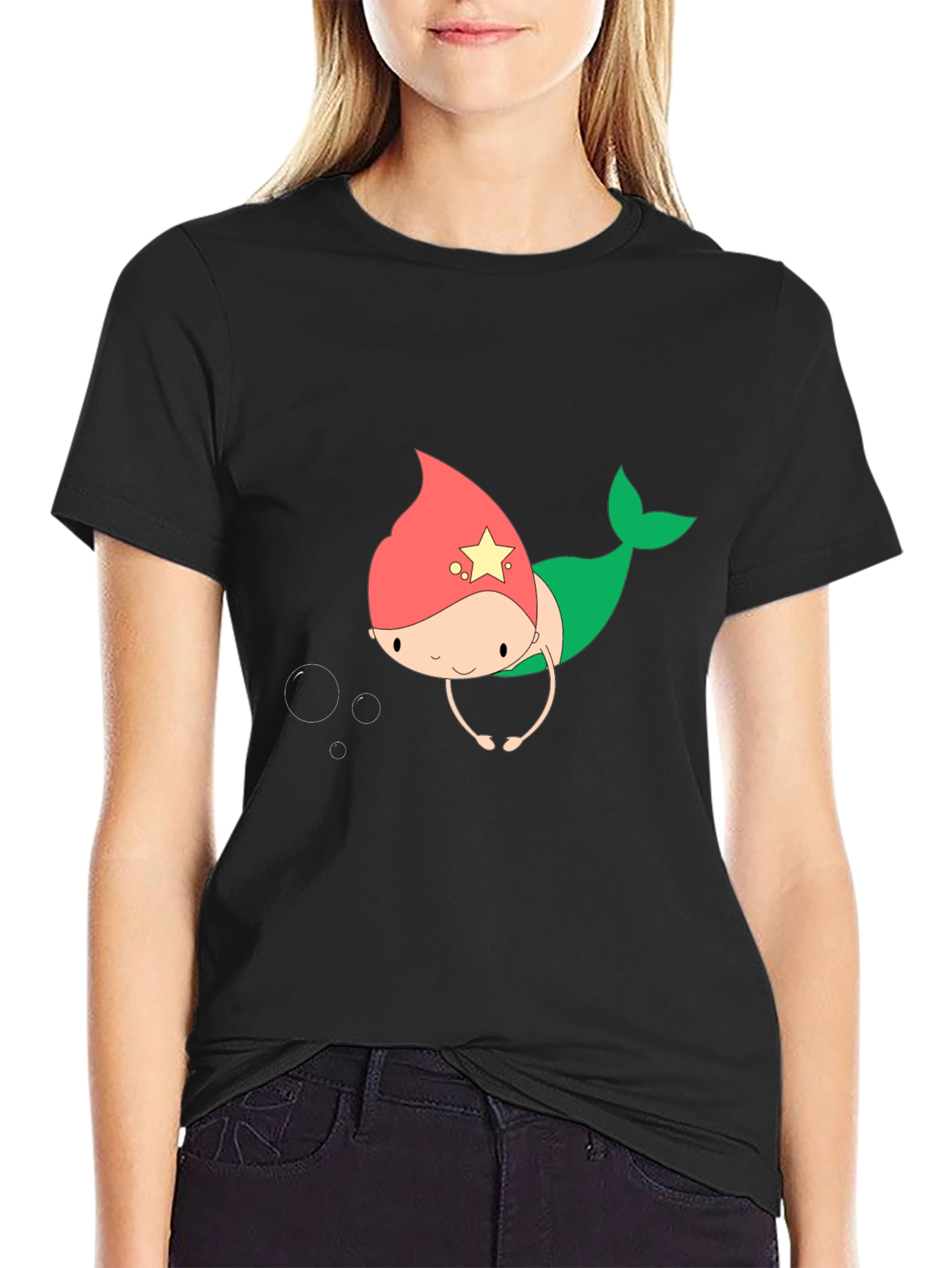Cute Mermaid Cartoon Black T-Shirt