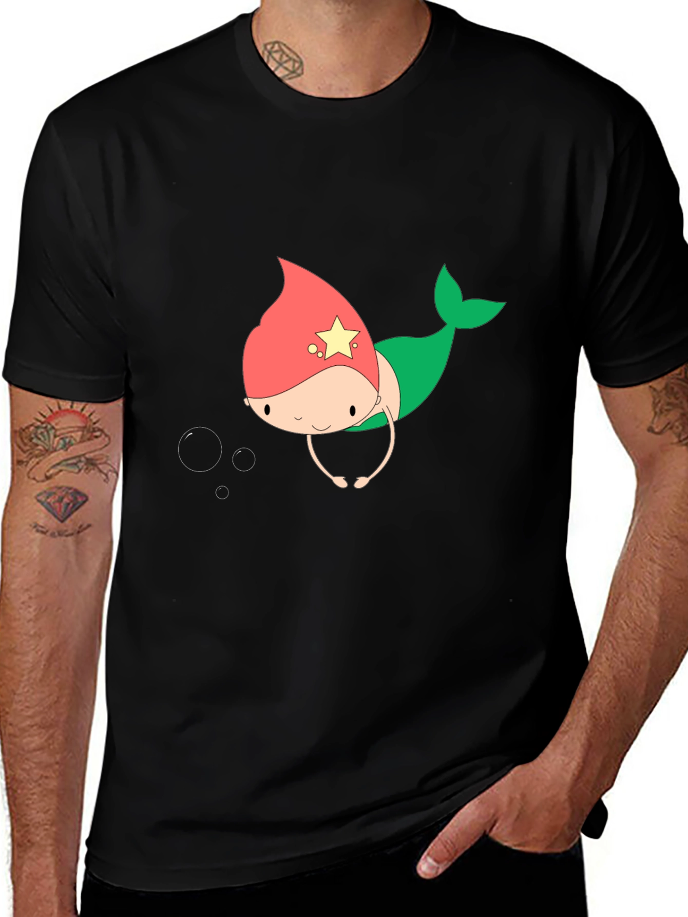 Cute Mermaid Cartoon Black T-Shirt