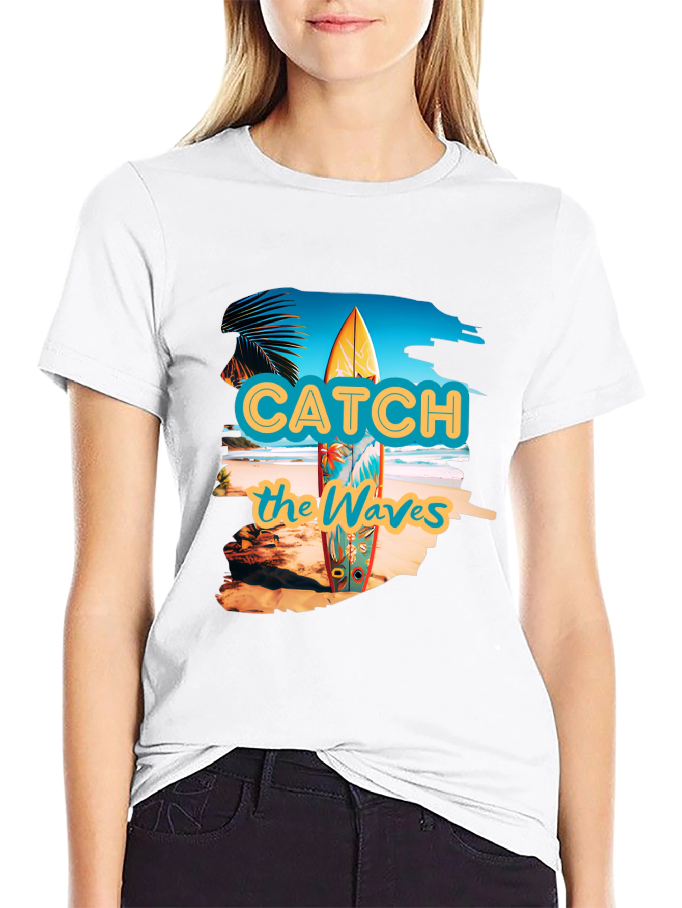 Catch the Waves Black Graphic T-Shirt