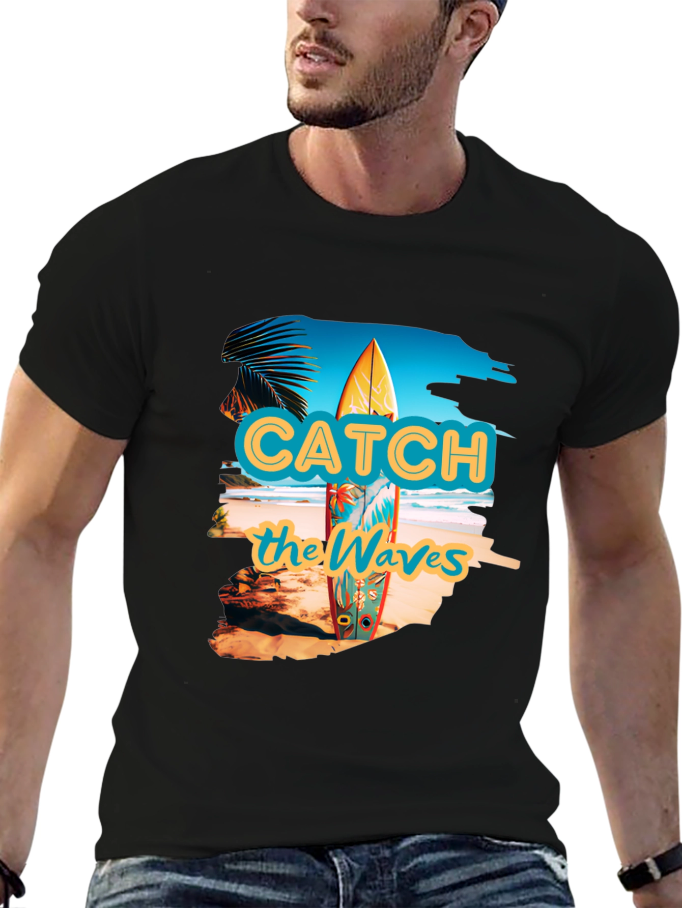 Catch the Waves Black Graphic T-Shirt