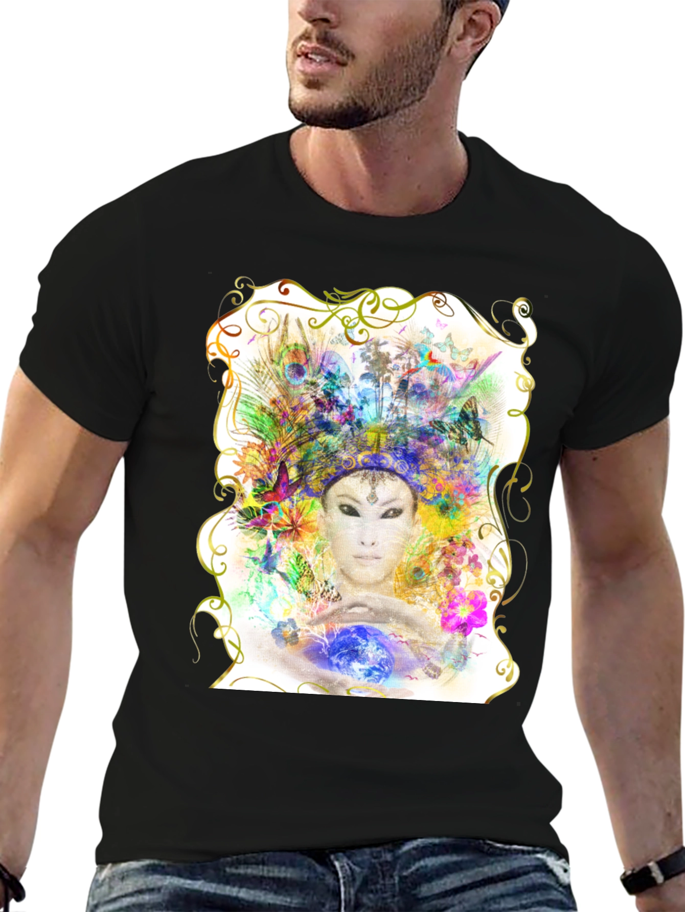 Artistic Goddess Graphic T-Shirt - Black