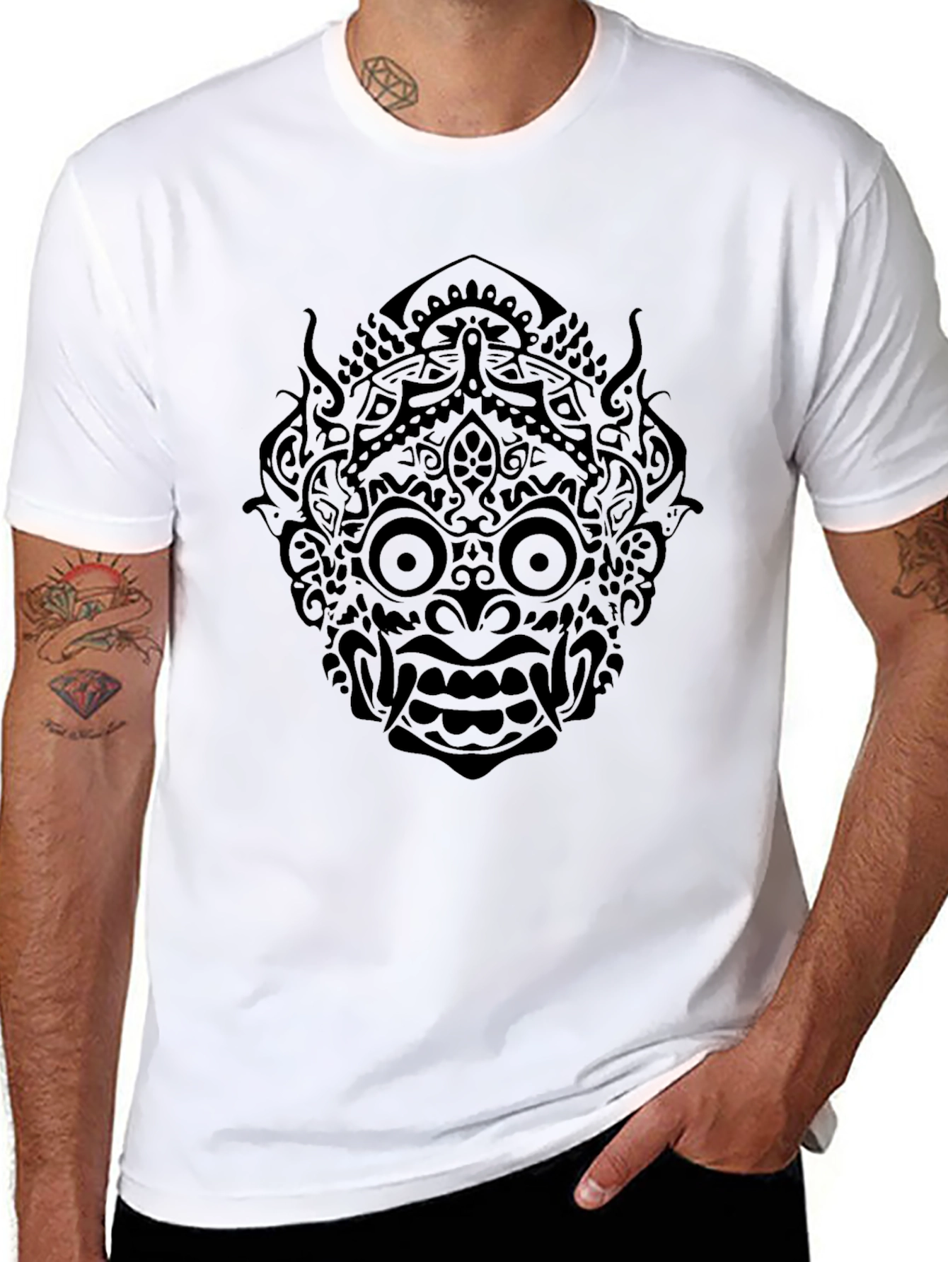Black T-Shirt with Tribal Mask Graphic