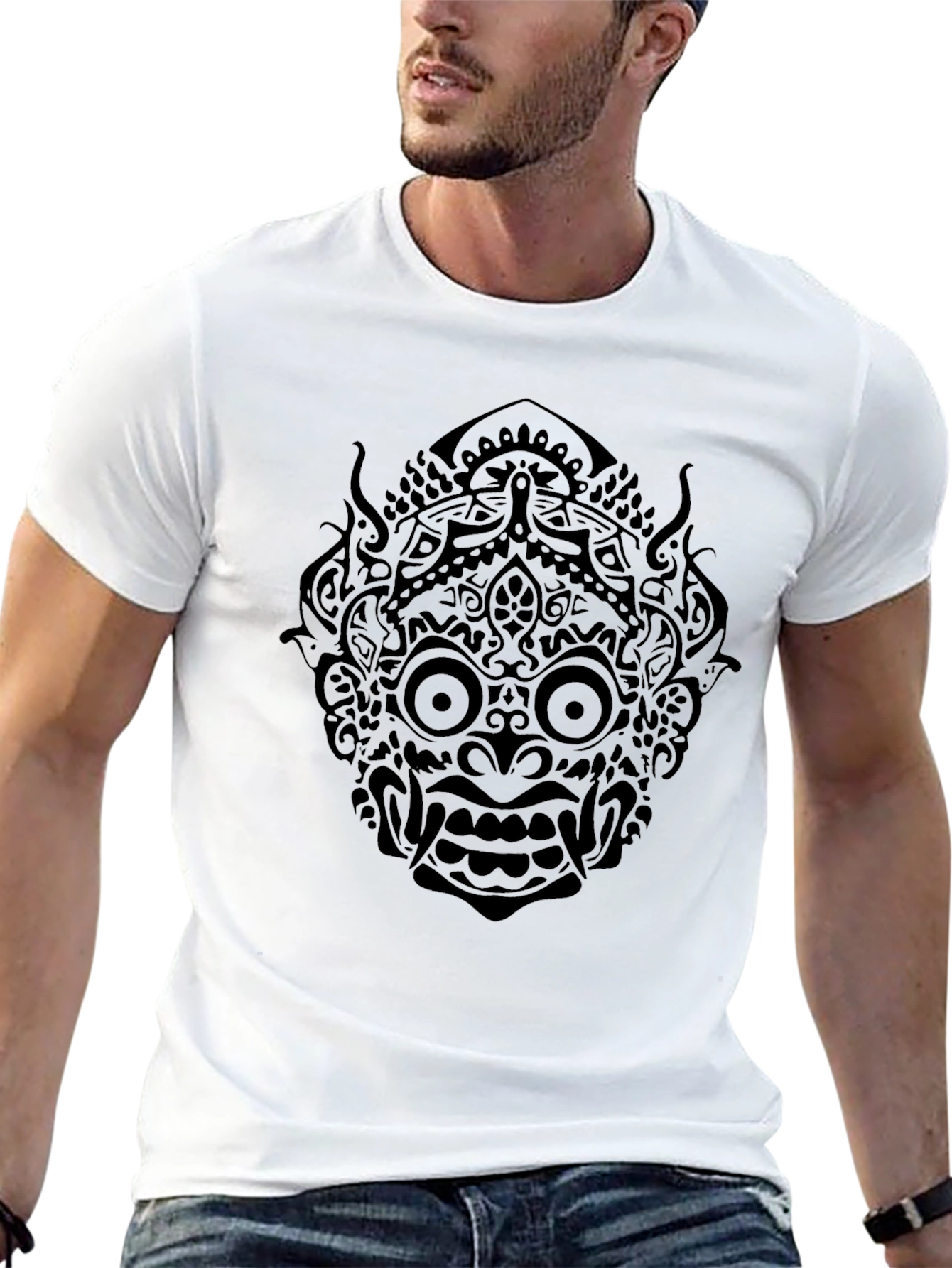 Black T-Shirt with Tribal Mask Graphic