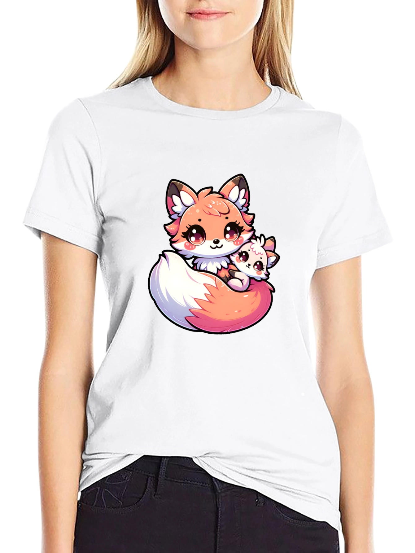 Cute Fox and Cub Black T-Shirt