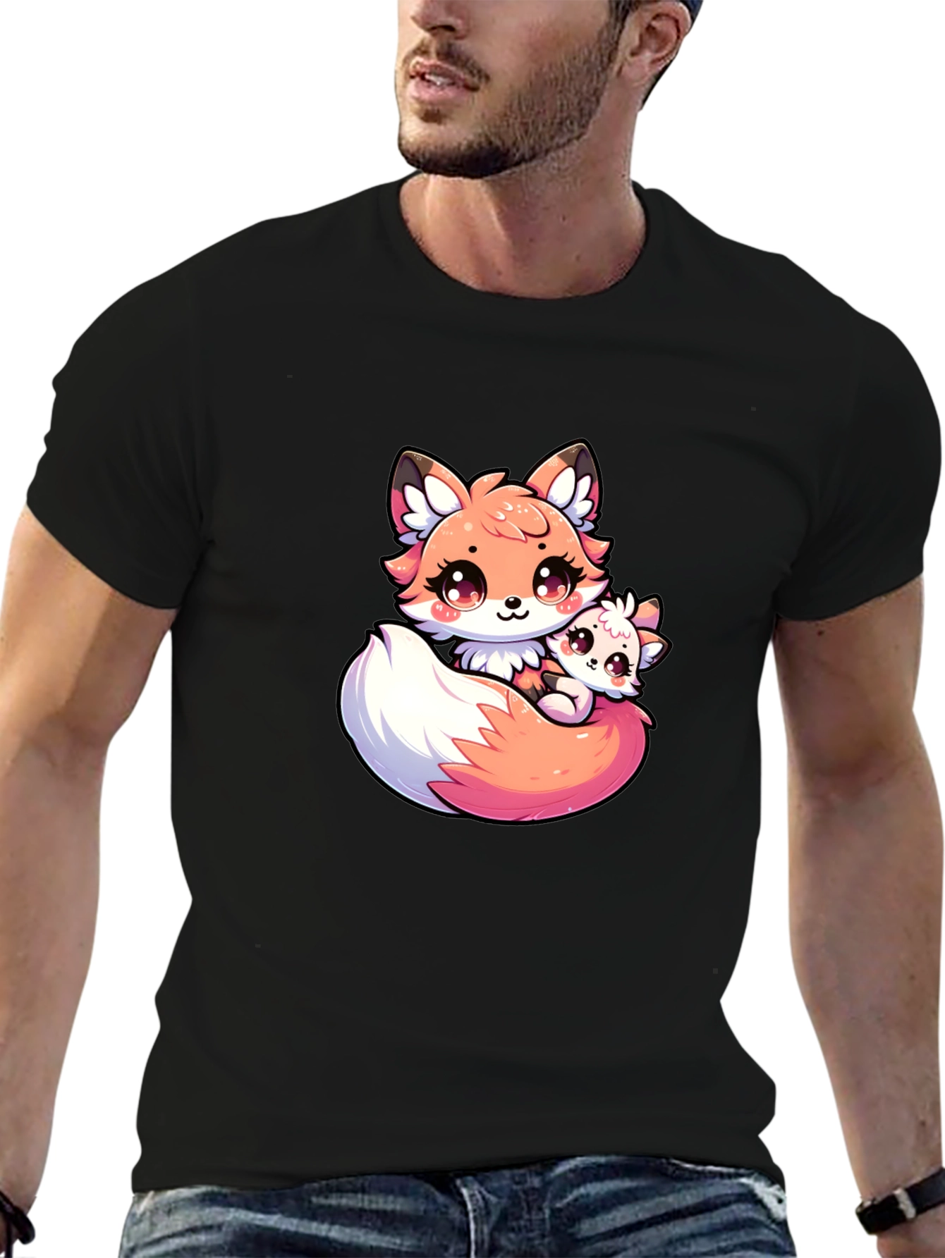Cute Fox and Cub Black T-Shirt