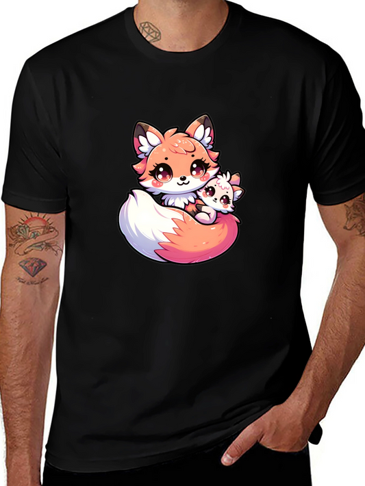 Cute Fox and Cub Black T-Shirt