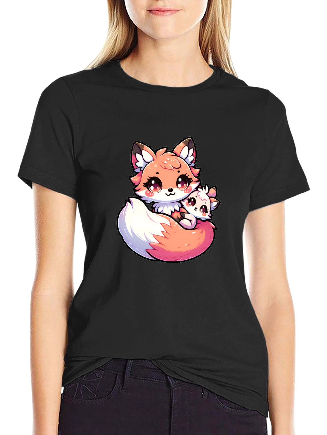 Cute Fox and Cub Black T-Shirt