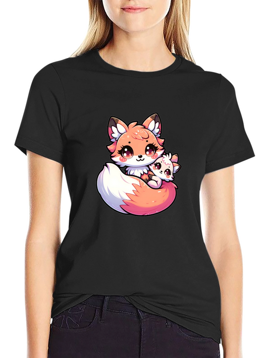 Cute Fox and Cub Black T-Shirt