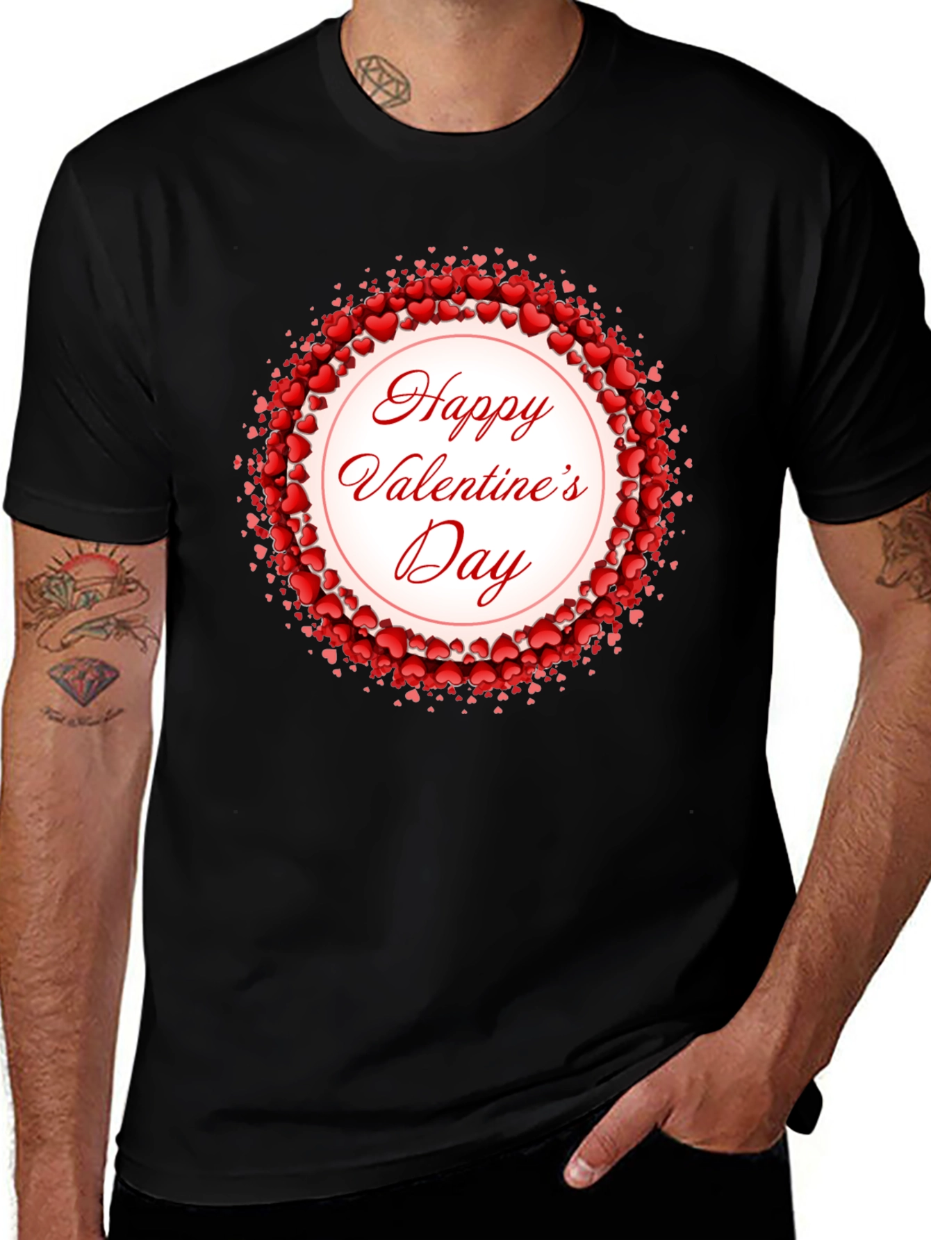 Happy Valentines Day Heart Wreath Black T-Shirt