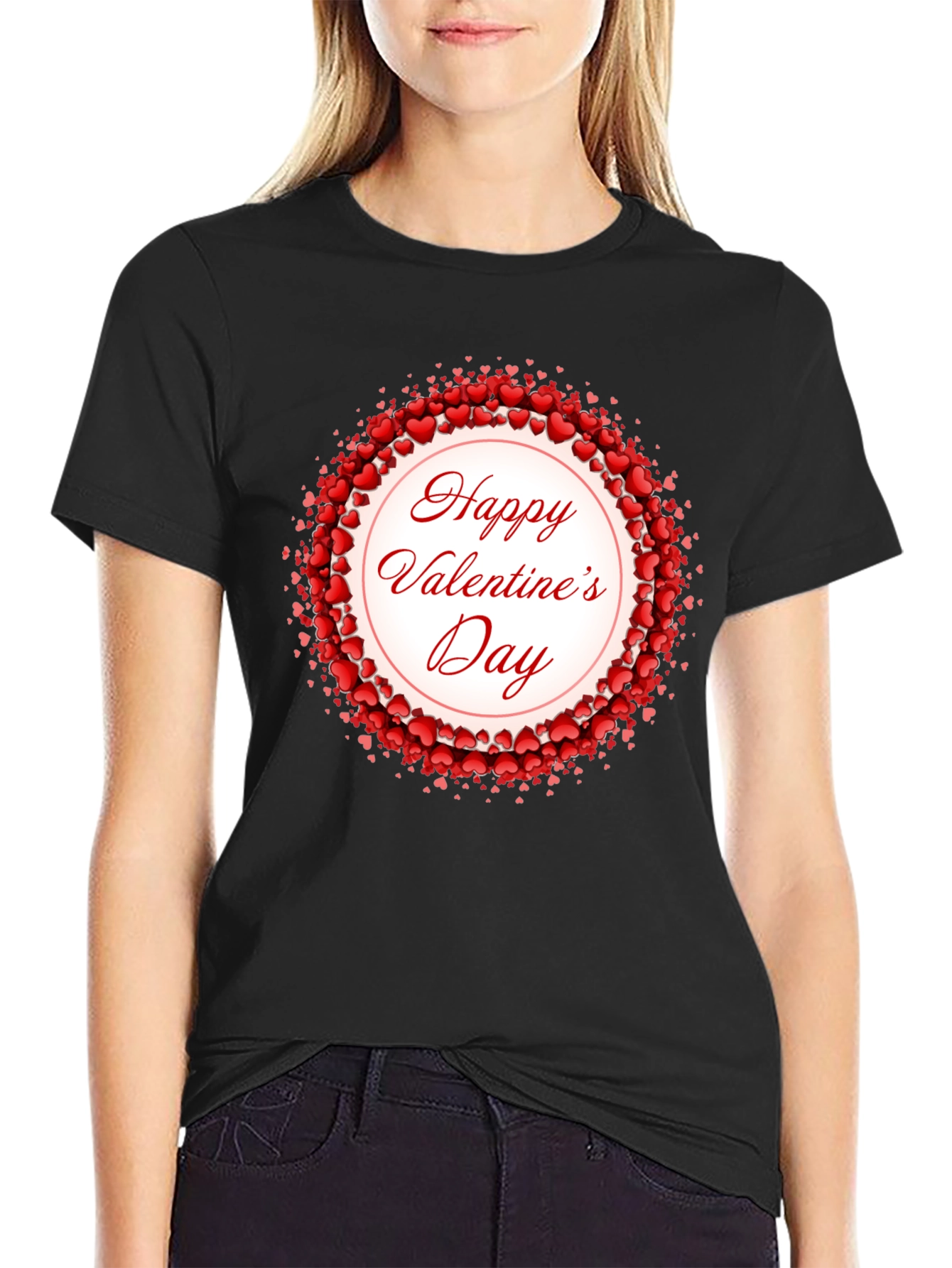 Happy Valentines Day Heart Wreath Black T-Shirt