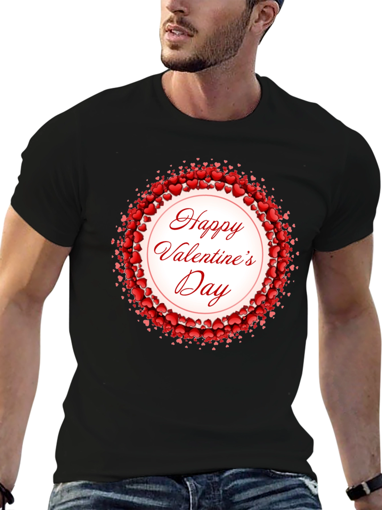 Happy Valentines Day Heart Wreath Black T-Shirt
