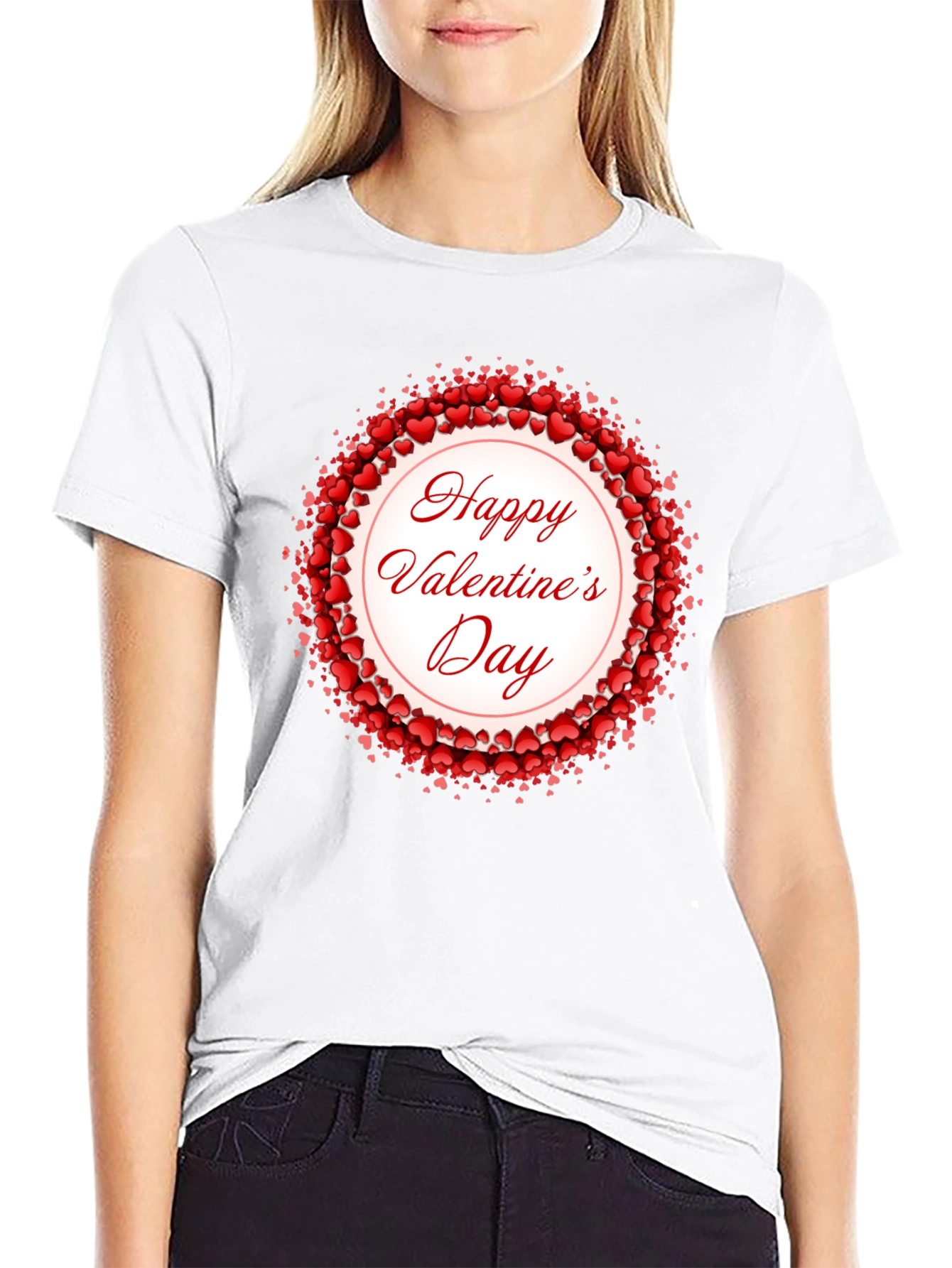 Happy Valentines Day Heart Wreath Black T-Shirt