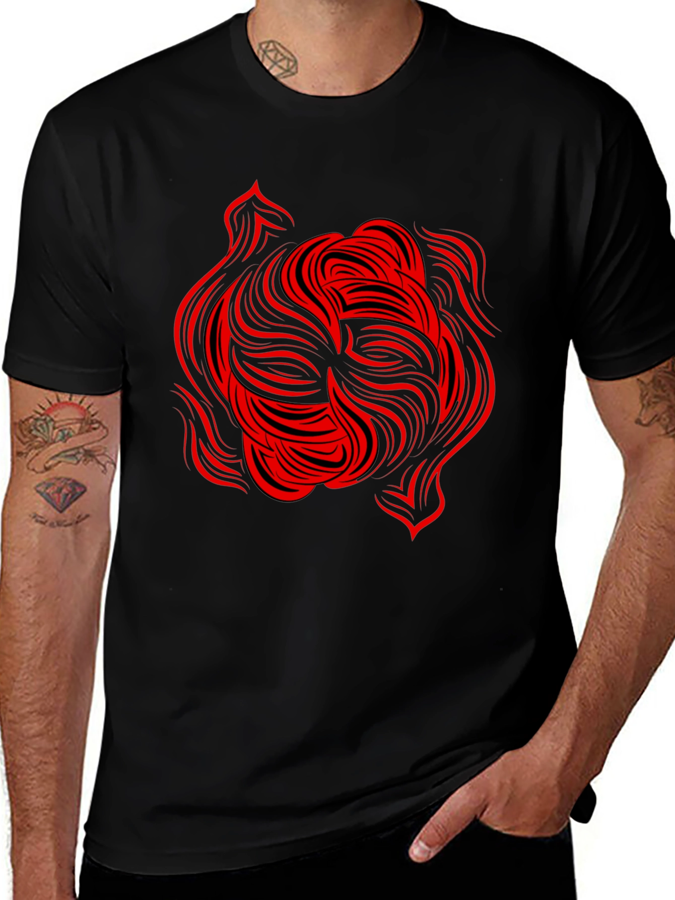 Abstract Red Swirl Graphic Tee - Black