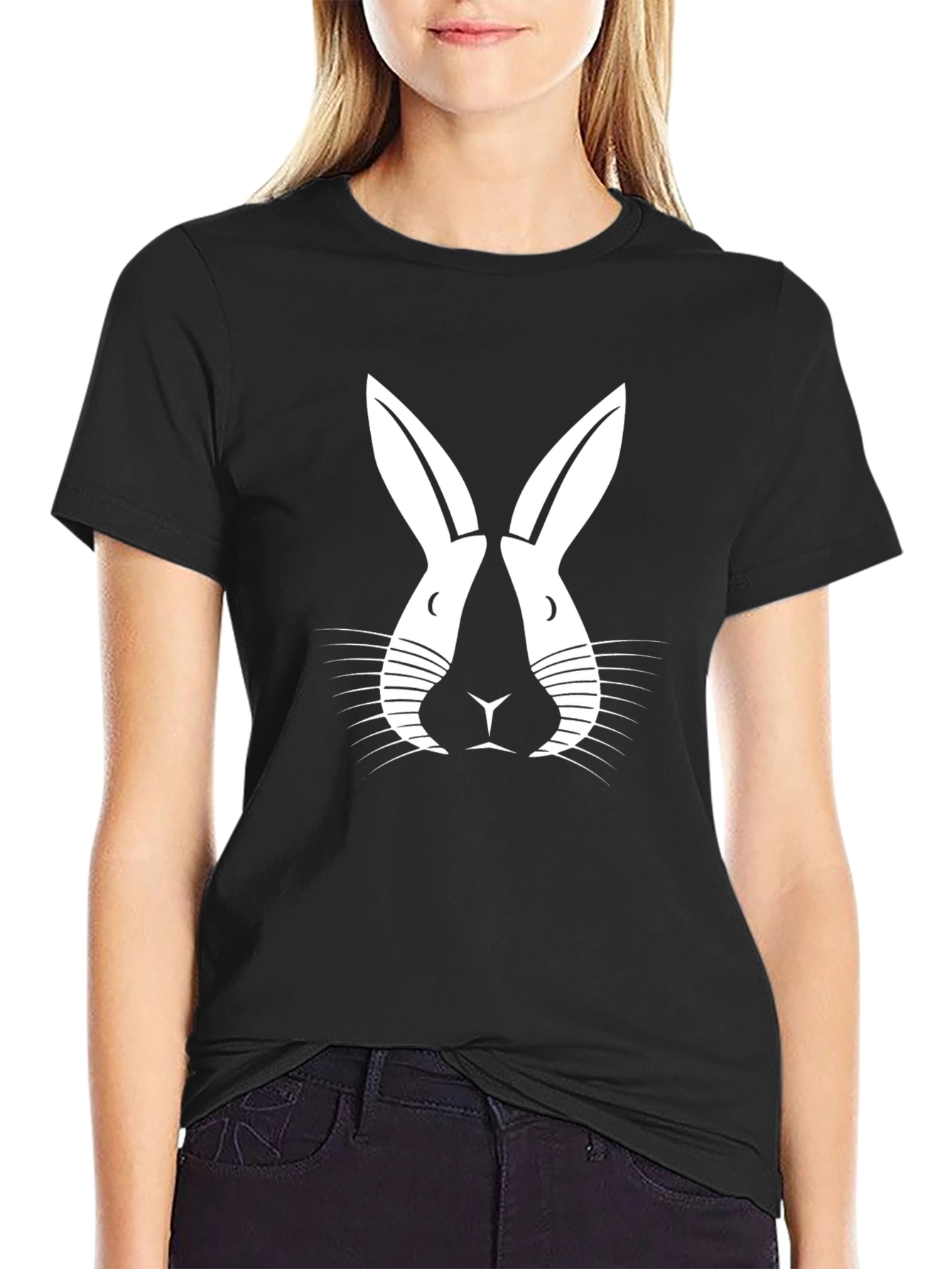 Black T-Shirt with Abstract Rabbit Design