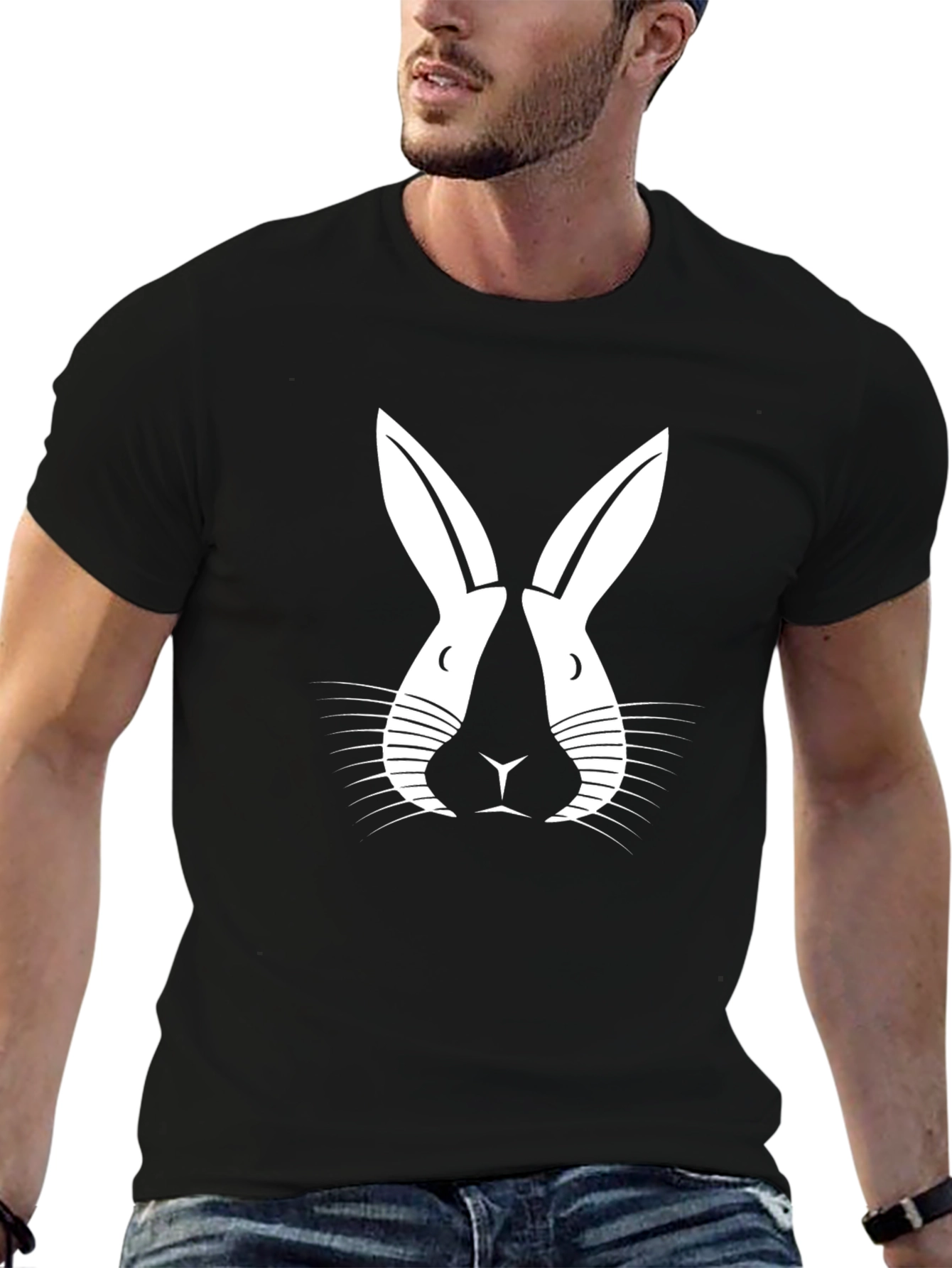Black T-Shirt with Abstract Rabbit Design